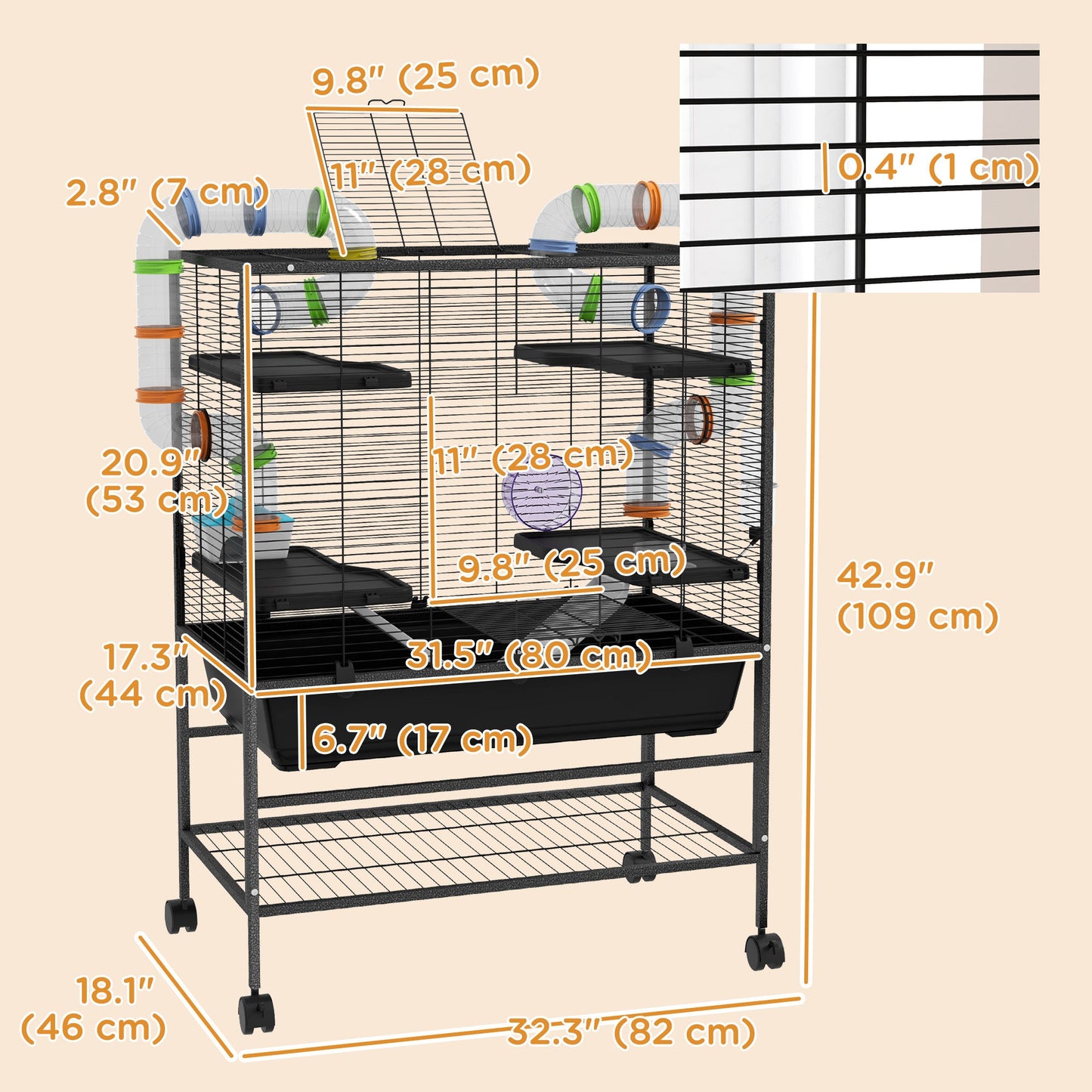 Large Hamster Cage with 7" Deep Tray, 43" Rolling Gerbil Cage with Storage Shelf, Big Exercise Wheel, Tube System, Hut, Platforms, Ramps, for Syrian, Gerbil, Rat