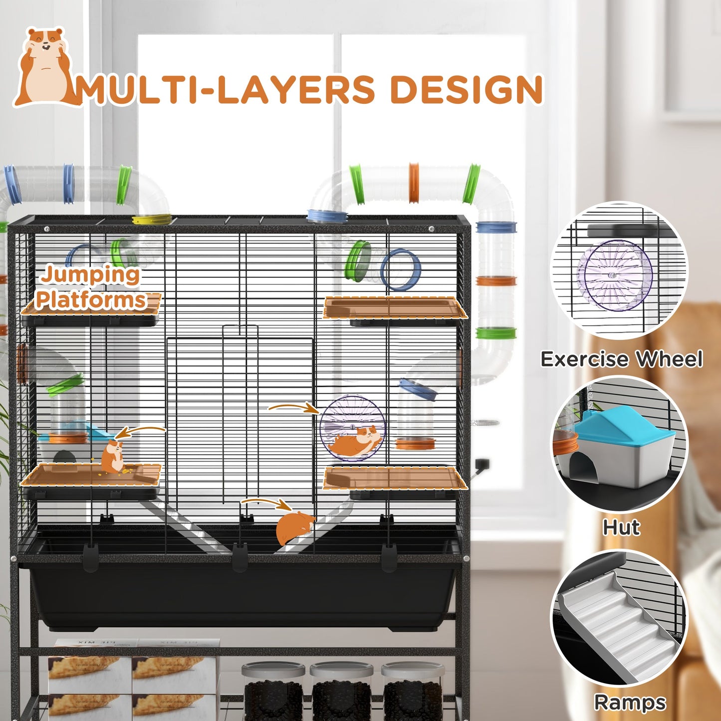 Large Hamster Cage with 7" Deep Tray, 43" Rolling Gerbil Cage with Storage Shelf, Big Exercise Wheel, Tube System, Hut, Platforms, Ramps, for Syrian, Gerbil, Rat