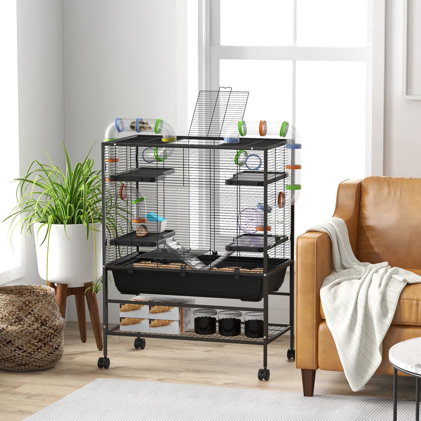 Large Hamster Cage with 7" Deep Tray, 43" Rolling Gerbil Cage with Storage Shelf, Big Exercise Wheel, Tube System, Hut, Platforms, Ramps, for Syrian, Gerbil, Rat