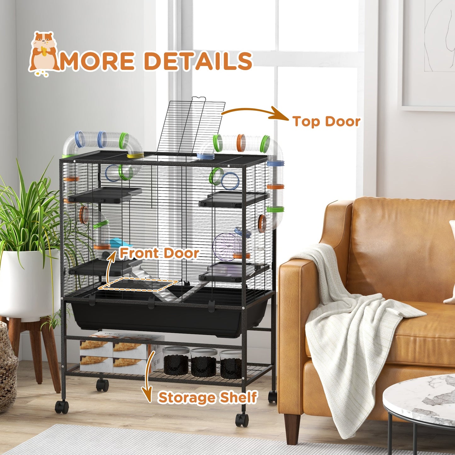 Large Hamster Cage with 7" Deep Tray, 43" Rolling Gerbil Cage with Storage Shelf, Big Exercise Wheel, Tube System, Hut, Platforms, Ramps, for Syrian, Gerbil, Rat