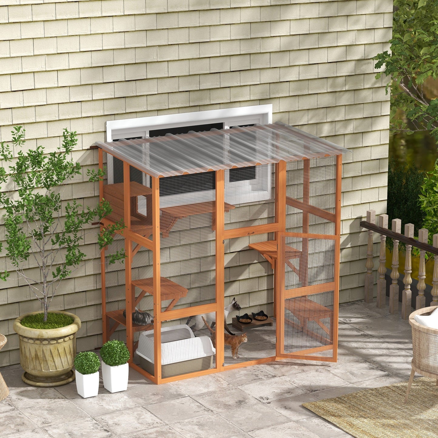 Catio, Wooden Outdoor Cat Enclosure Window Box with Weatherproof Roof, Bridge, Resting Box, Platforms, Cat Cage for 2 Kittens, Orange