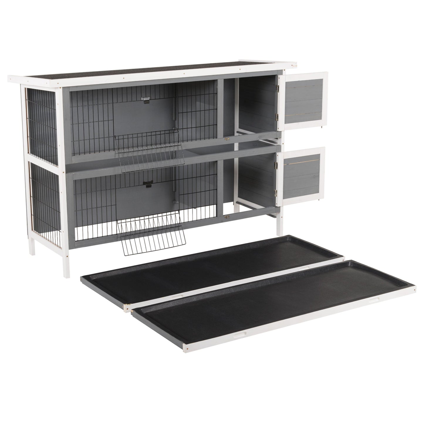 54"L 2-Story Large Rabbit Hutch Bunny Cage Wooden Pet House Small Animal Habitat with Lockable Doors, No Leak Tray and Waterproof Roof for Outdoor/Indoor Grey&White