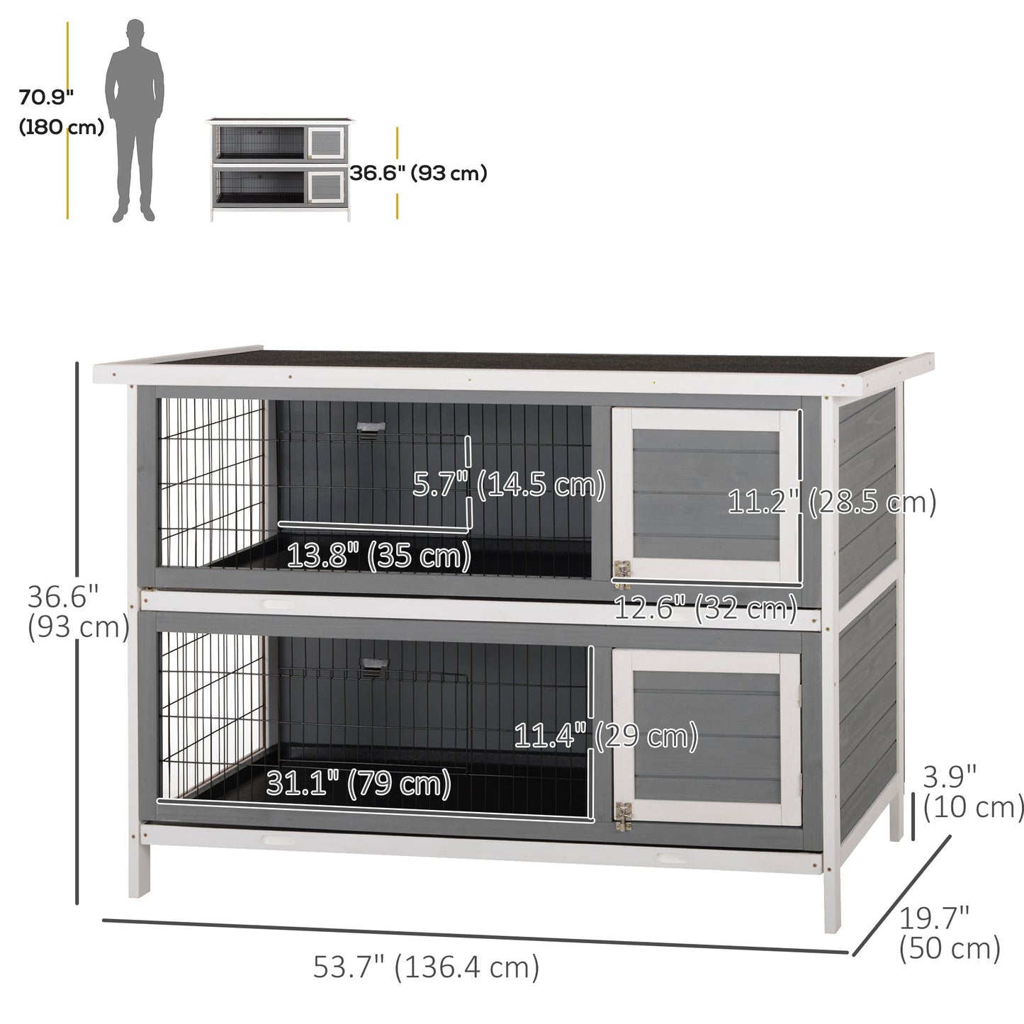 54"L 2-Story Large Rabbit Hutch Bunny Cage Wooden Pet House Small Animal Habitat with Lockable Doors, No Leak Tray and Waterproof Roof for Outdoor/Indoor Grey&White