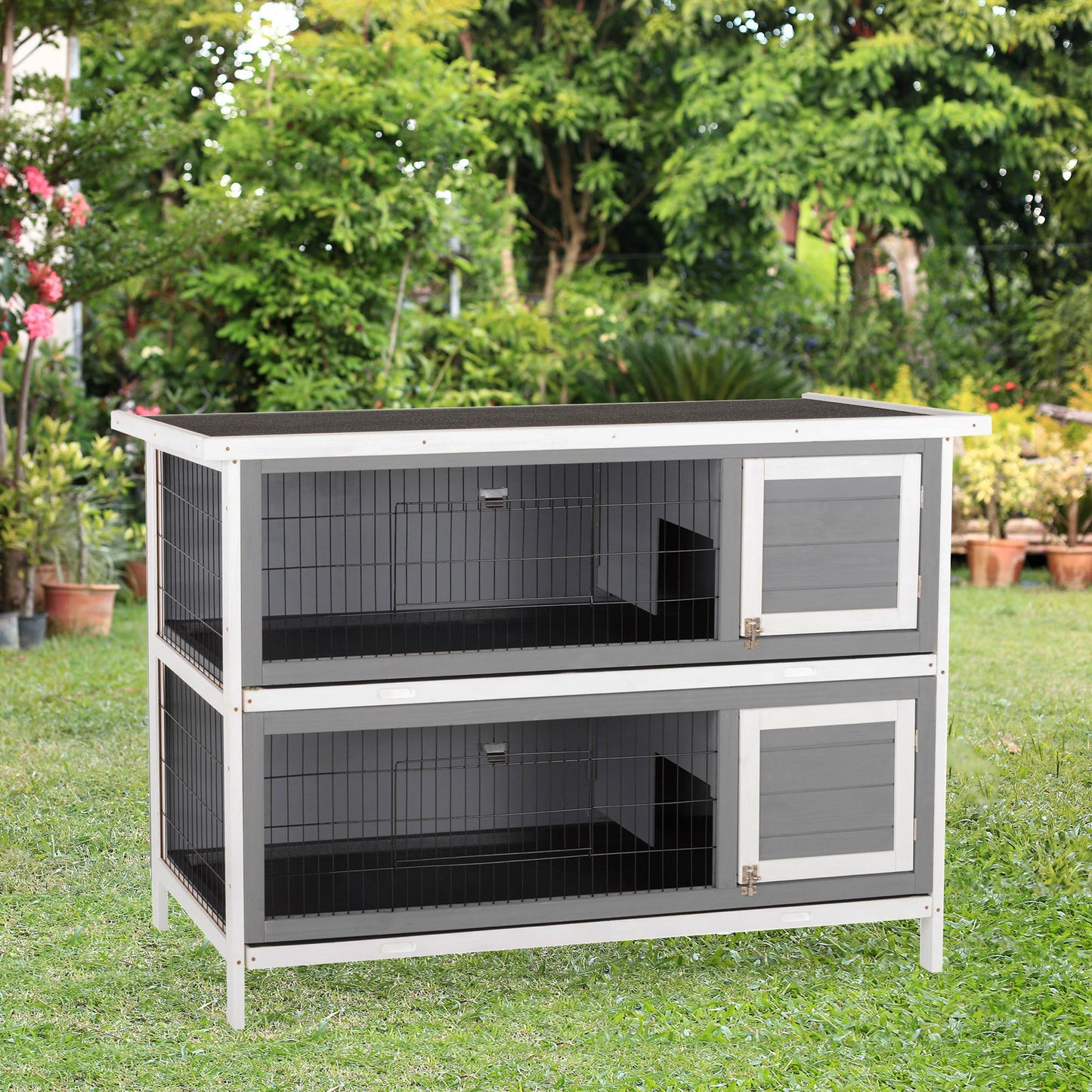 54"L 2-Story Large Rabbit Hutch Bunny Cage Wooden Pet House Small Animal Habitat with Lockable Doors, No Leak Tray and Waterproof Roof for Outdoor/Indoor Grey&White