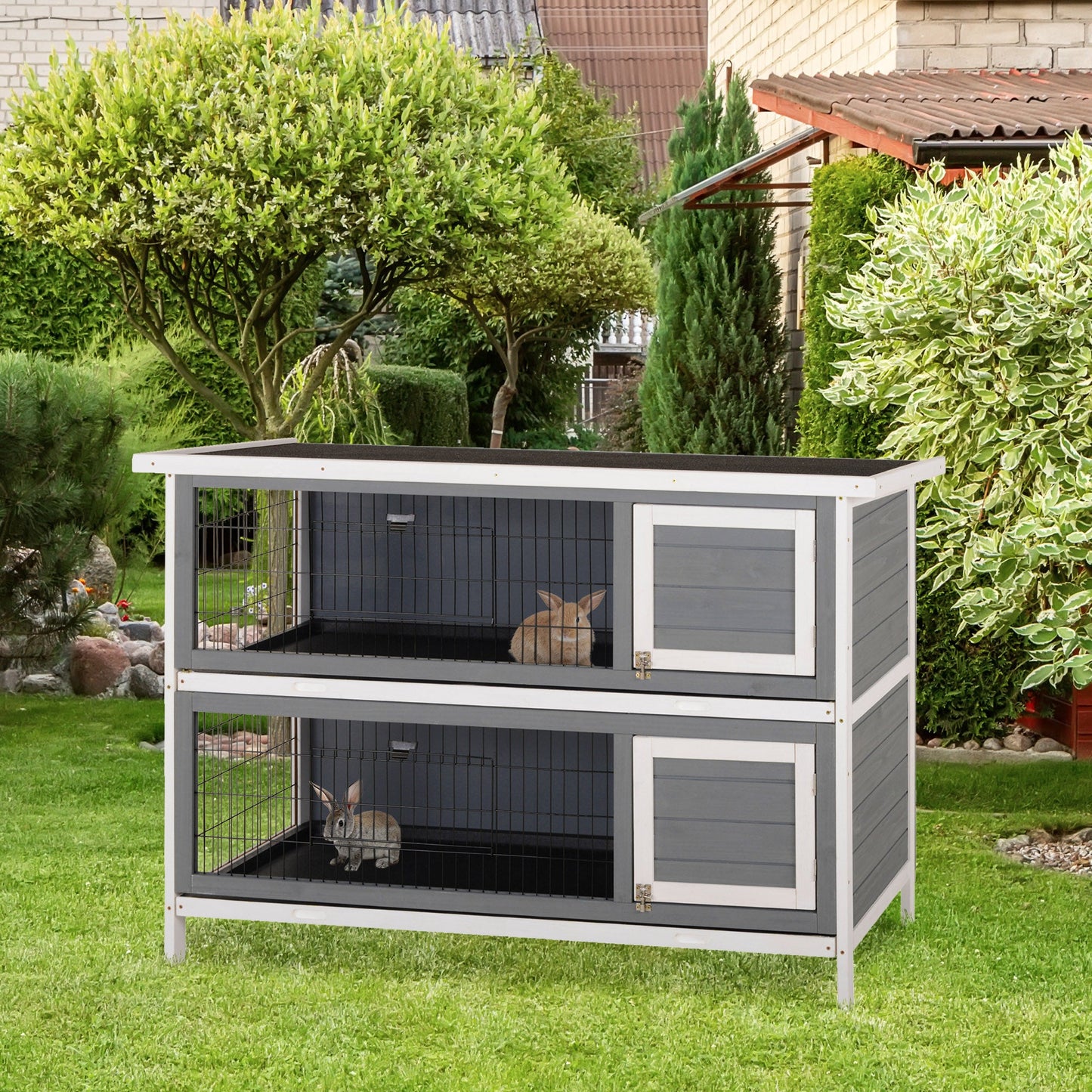 54"L 2-Story Large Rabbit Hutch Bunny Cage Wooden Pet House Small Animal Habitat with Lockable Doors, No Leak Tray and Waterproof Roof for Outdoor/Indoor Grey&White