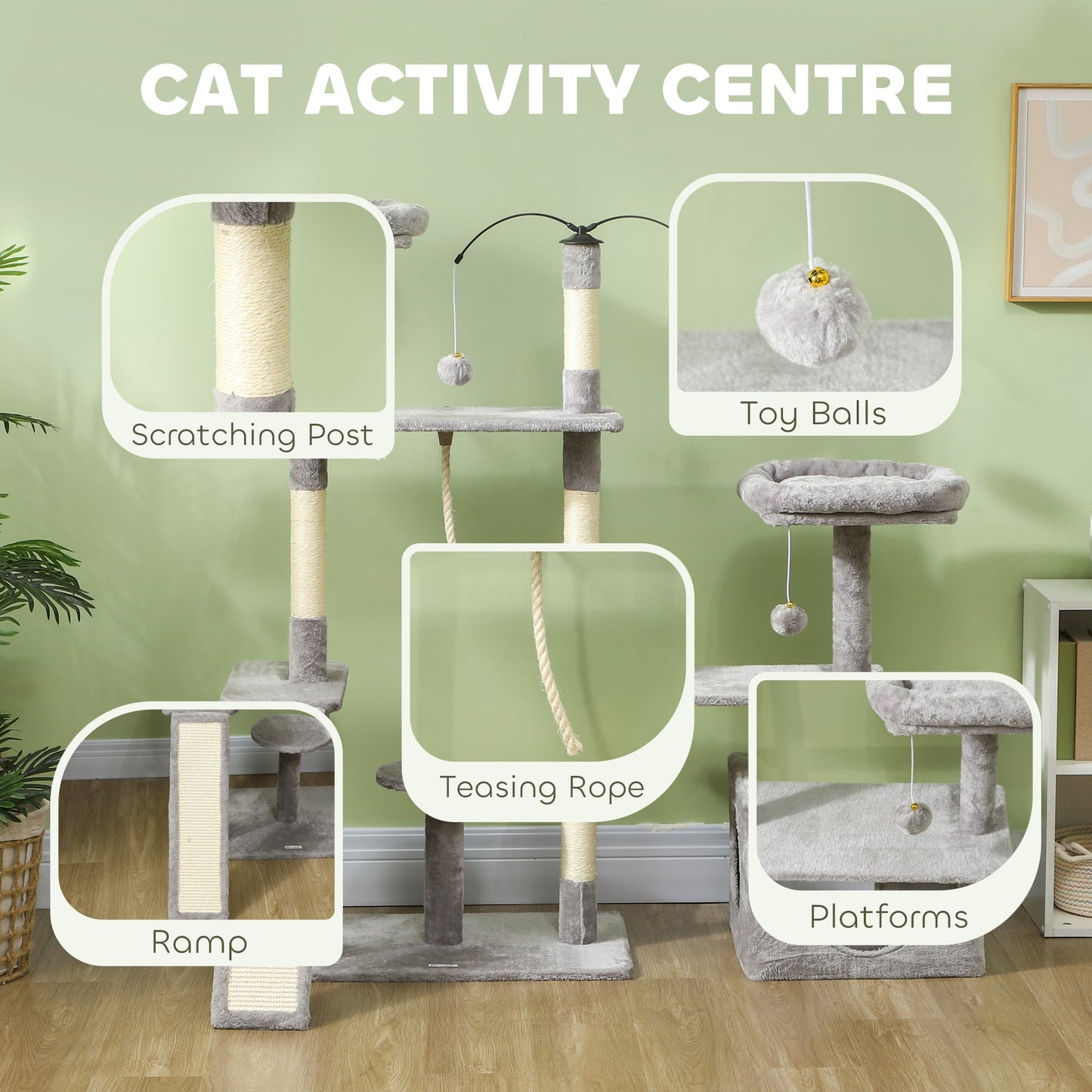 53" Cat Tree, Multi-Level Cat Tower for Indoor Cats with Sisal Scratching Posts, Cat Condo, Beds, Platforms, Ramp, Toy Balls, Cat Activity Center, Light Grey