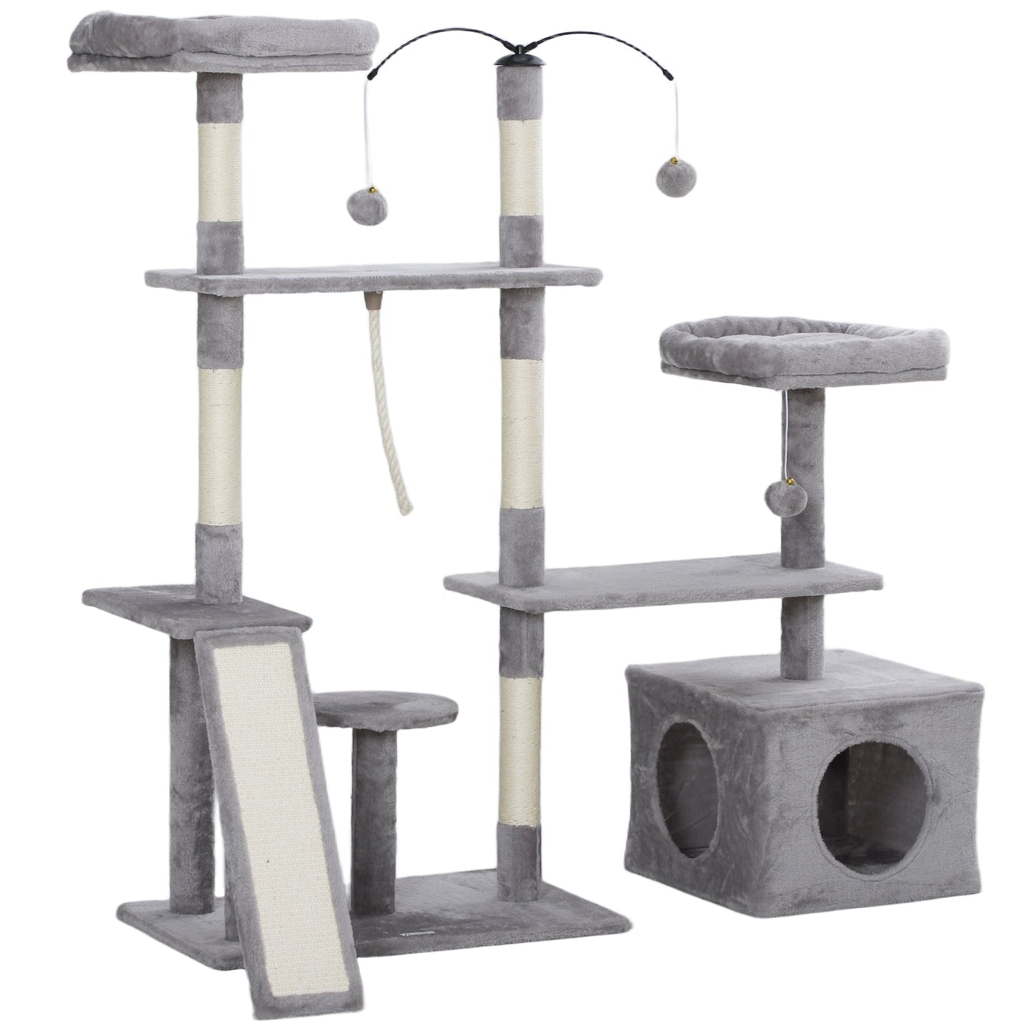 53" Cat Tree, Multi-Level Cat Tower for Indoor Cats with Sisal Scratching Posts, Cat Condo, Beds, Platforms, Ramp, Toy Balls, Cat Activity Center, Light Grey