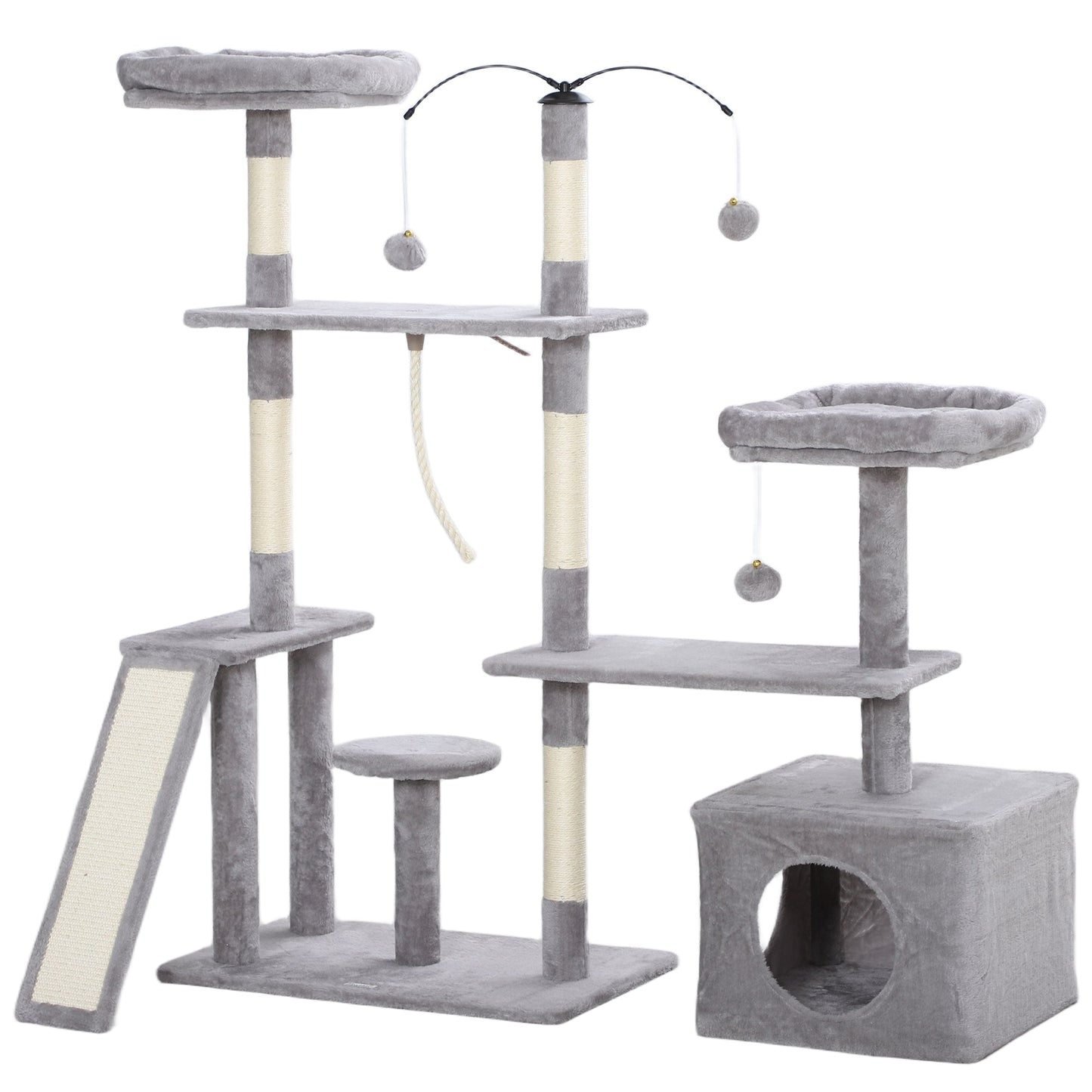 53" Cat Tree, Multi-Level Cat Tower for Indoor Cats with Sisal Scratching Posts, Cat Condo, Beds, Platforms, Ramp, Toy Balls, Cat Activity Center, Light Grey