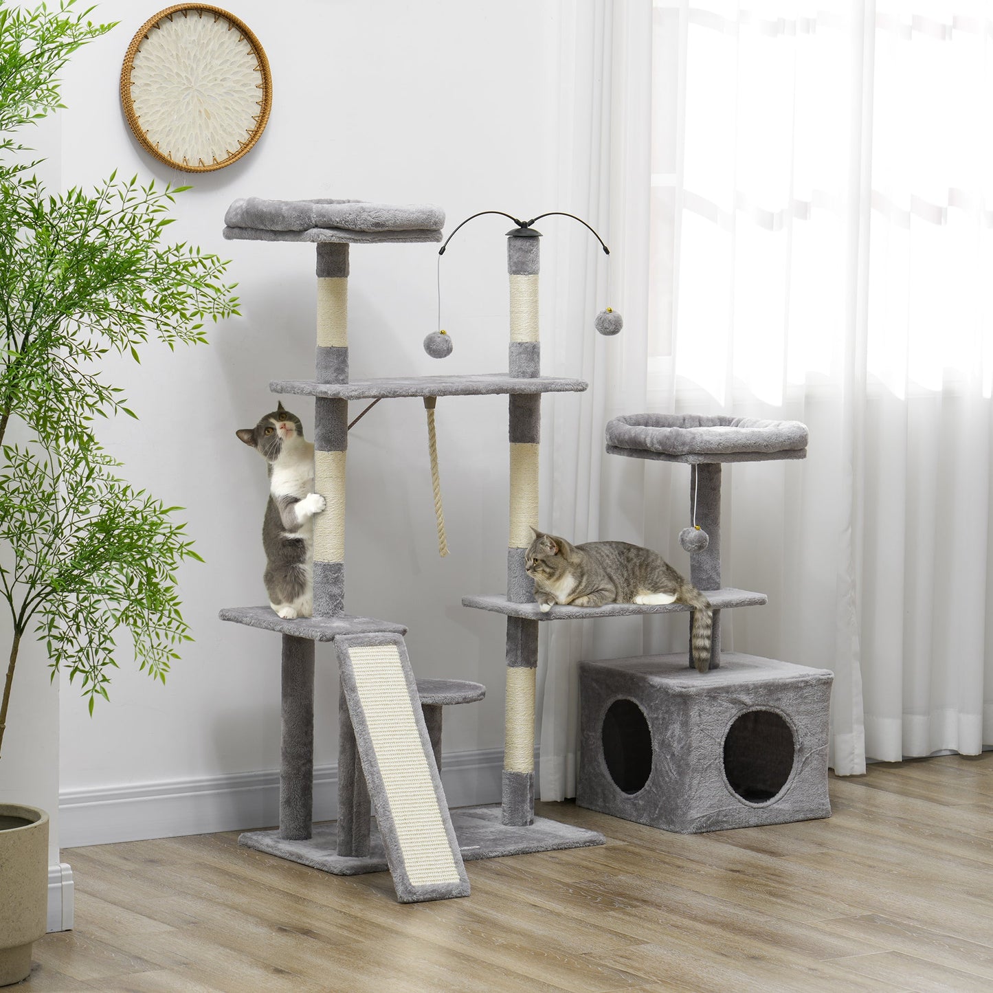 53" Cat Tree, Multi-Level Cat Tower for Indoor Cats with Sisal Scratching Posts, Cat Condo, Beds, Platforms, Ramp, Toy Balls, Cat Activity Center, Light Grey