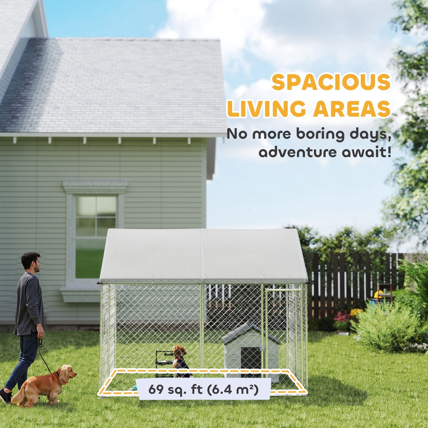 Outdoor Dog Kennel with Roof, Heavy Duty Galvanized Steel Dog Run Chain Link w/ Waterproof UV-Resistant Cover, Safety Lockable Latch System, 9.2' x 7.5' x 7.2'