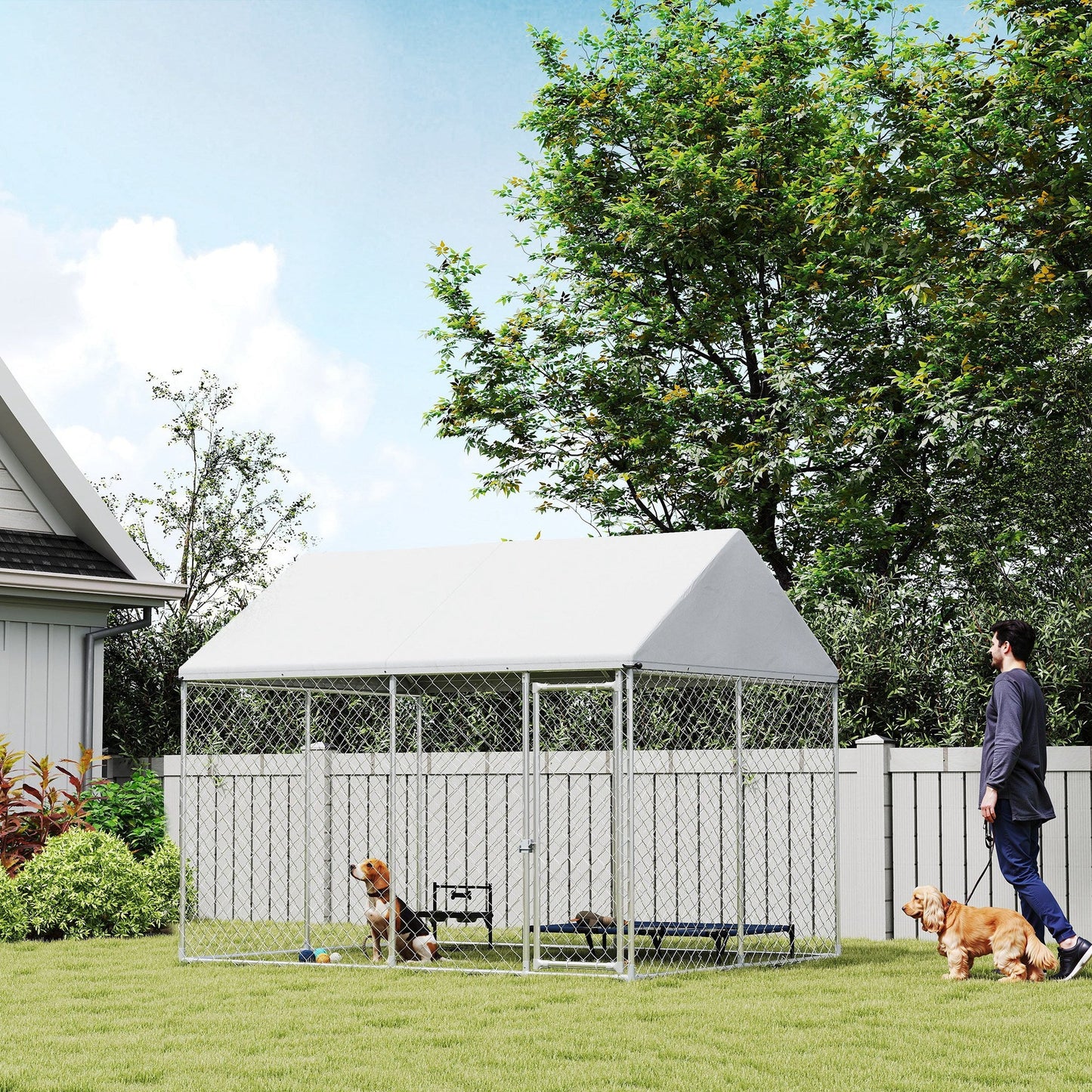 Outdoor Dog Kennel with Roof, Heavy Duty Galvanized Steel Dog Run Chain Link w/ Waterproof UV-Resistant Cover, Safety Lockable Latch System, 9.2' x 7.5' x 7.2'