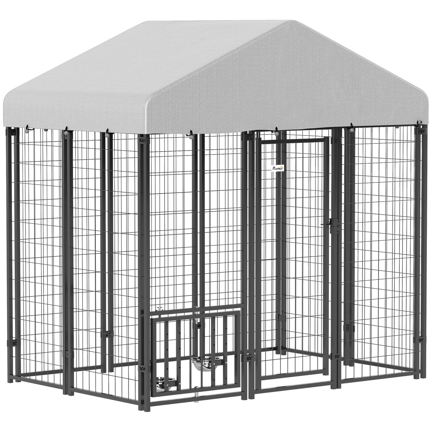 6' x 4' x 6' Outdoor Dog Kennel, Lockable Dog Run Crate with Rotating & Adjustable Bowls, Waterproof UV-Resistant Cover, Welded Wire Steel Fence for Medium Dogs, Silver