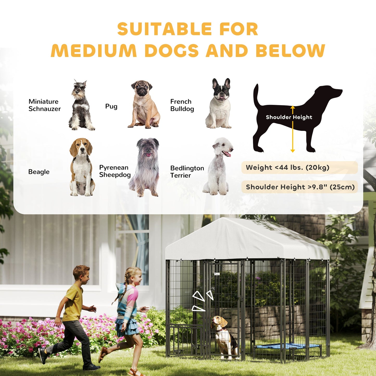 6' x 4' x 6' Outdoor Dog Kennel, Lockable Dog Run Crate with Rotating & Adjustable Bowls, Waterproof UV-Resistant Cover, Welded Wire Steel Fence for Medium Dogs, Silver