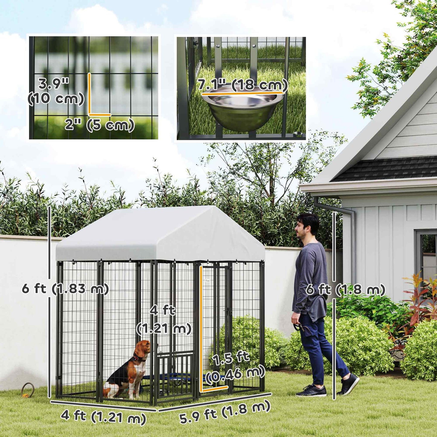 6' x 4' x 6' Outdoor Dog Kennel, Lockable Dog Run Crate with Rotating & Adjustable Bowls, Waterproof UV-Resistant Cover, Welded Wire Steel Fence for Medium Dogs, Silver