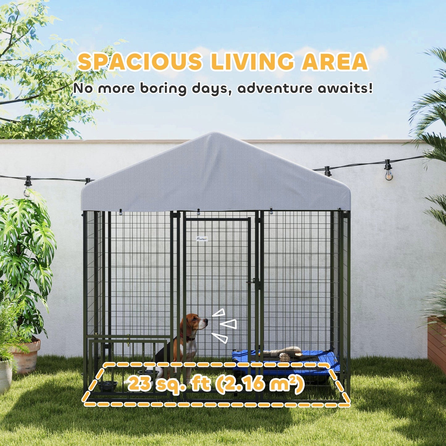 6' x 4' x 6' Outdoor Dog Kennel, Lockable Dog Run Crate with Rotating & Adjustable Bowls, Waterproof UV-Resistant Cover, Welded Wire Steel Fence for Medium Dogs, Silver