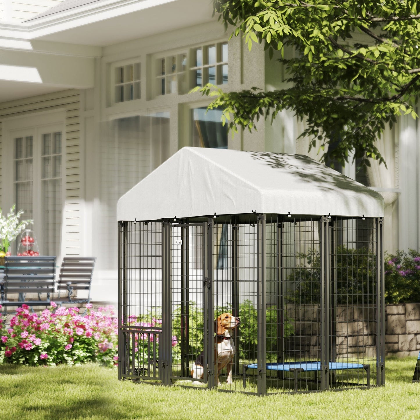 6' x 4' x 6' Outdoor Dog Kennel, Lockable Dog Run Crate with Rotating & Adjustable Bowls, Waterproof UV-Resistant Cover, Welded Wire Steel Fence for Medium Dogs, Silver