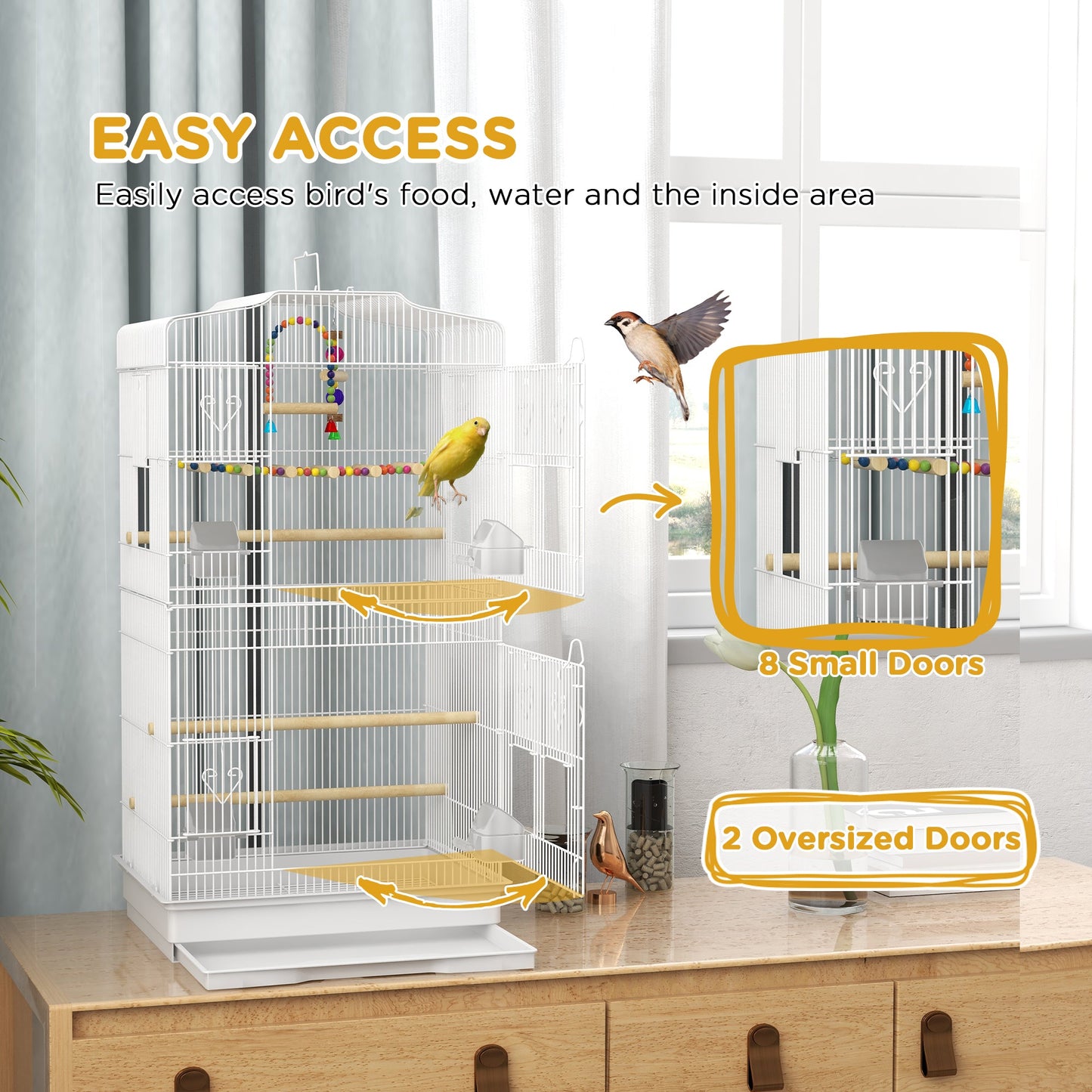 36" Bird Cage for Finches, Canaries Budgies, Parrot Cage with Accessories, Handle, Mesh Cover, Tray, White