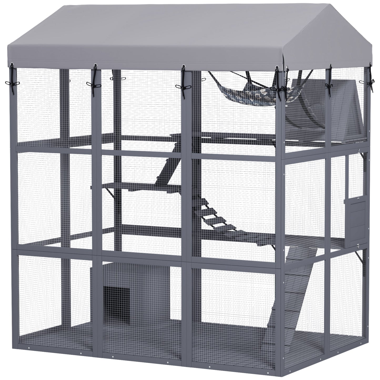 Large Cat House with Anti-Escape Floor, 81" H Wooden Catio Outdoor Cat Enclosure with Waterproof Cover, Walk in Door, Condo, Hammock, Ramp, Bridge, for 2-4 Cats