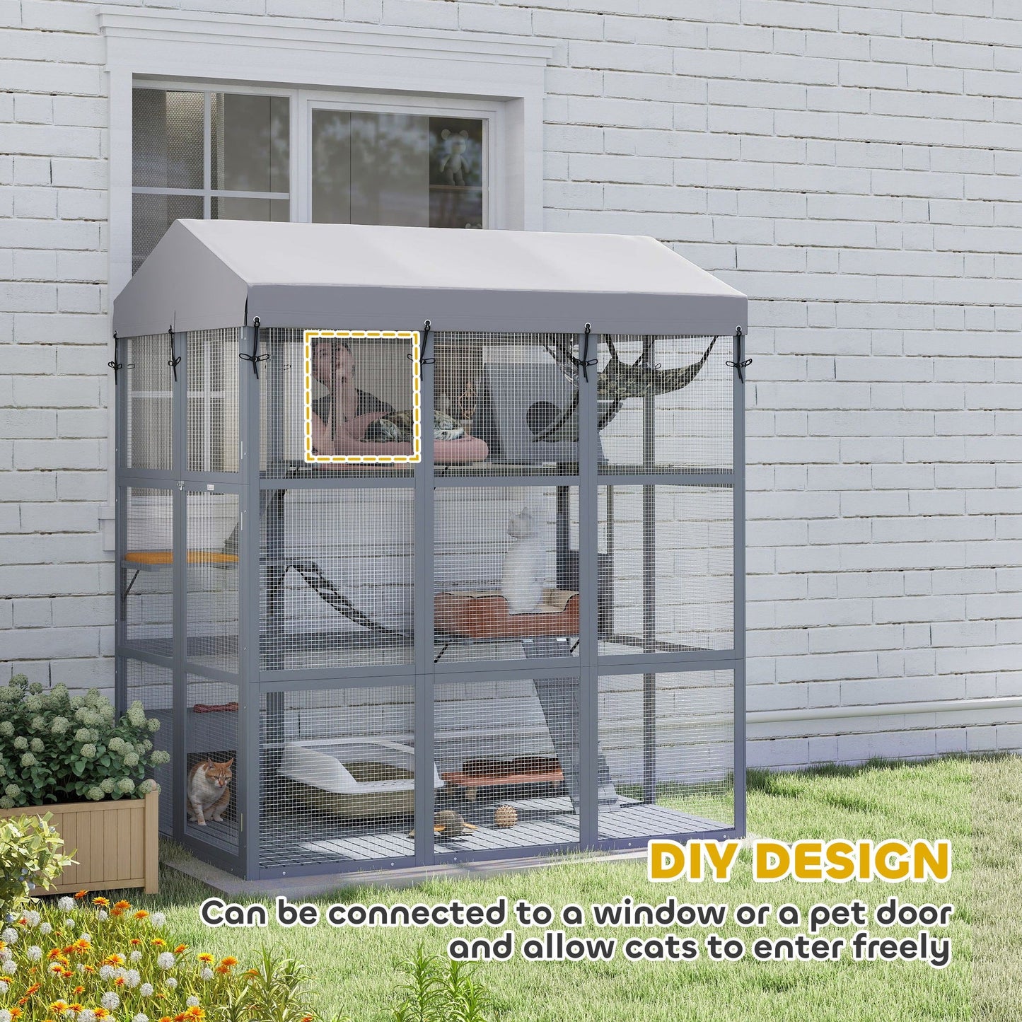 Large Cat House with Anti-Escape Floor, 81" H Wooden Catio Outdoor Cat Enclosure with Waterproof Cover, Walk in Door, Condo, Hammock, Ramp, Bridge, for 2-4 Cats