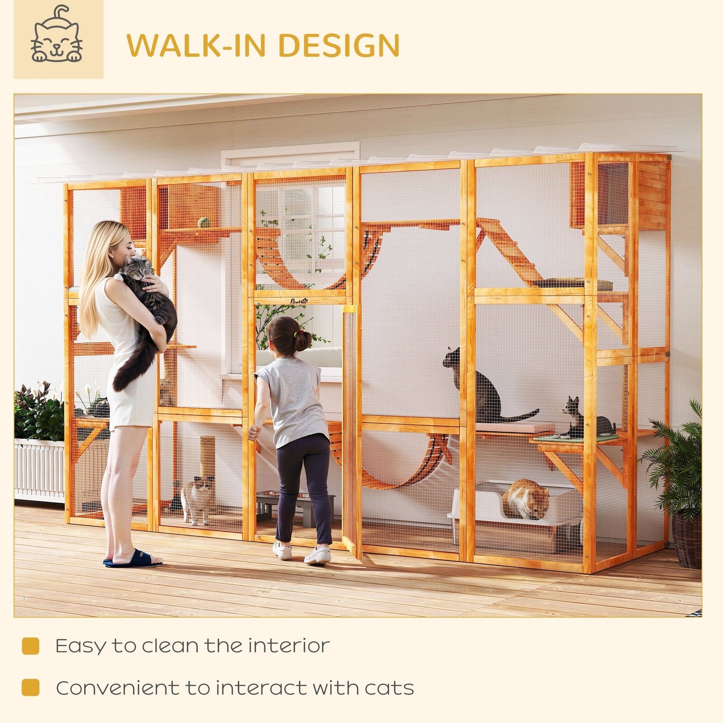 Catio, Large Outdoor Cat Enclosure with Cat Condos, Platforms, Ladders, Doors, Weather-Resistant Roof, Wooden Cat Cage for 1-4 Cats, Orange