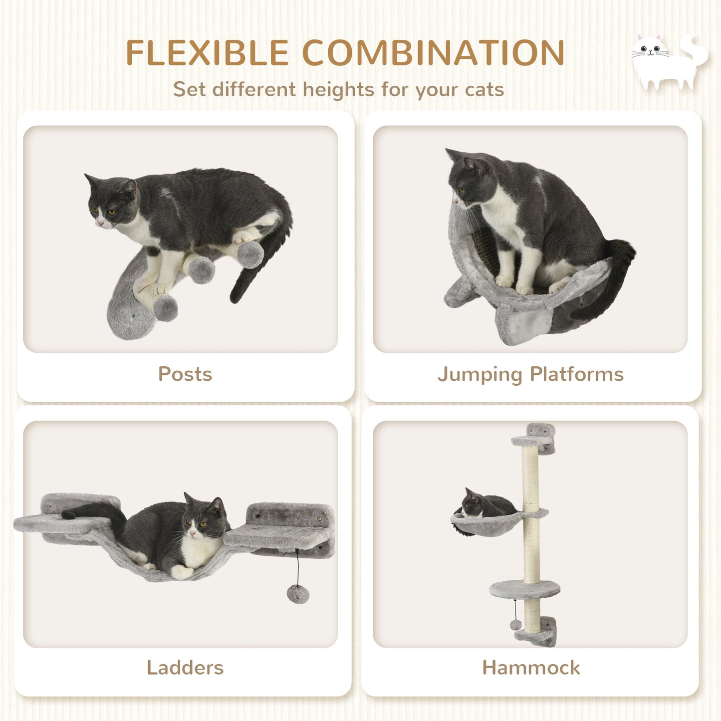 4Pcs Cat Wall Shelf with Scratching Post, Cat Wall Shelves for Relaxing, Climbing, Cat Wall With Soft Ladder, Hammock, Play Balls, Grey