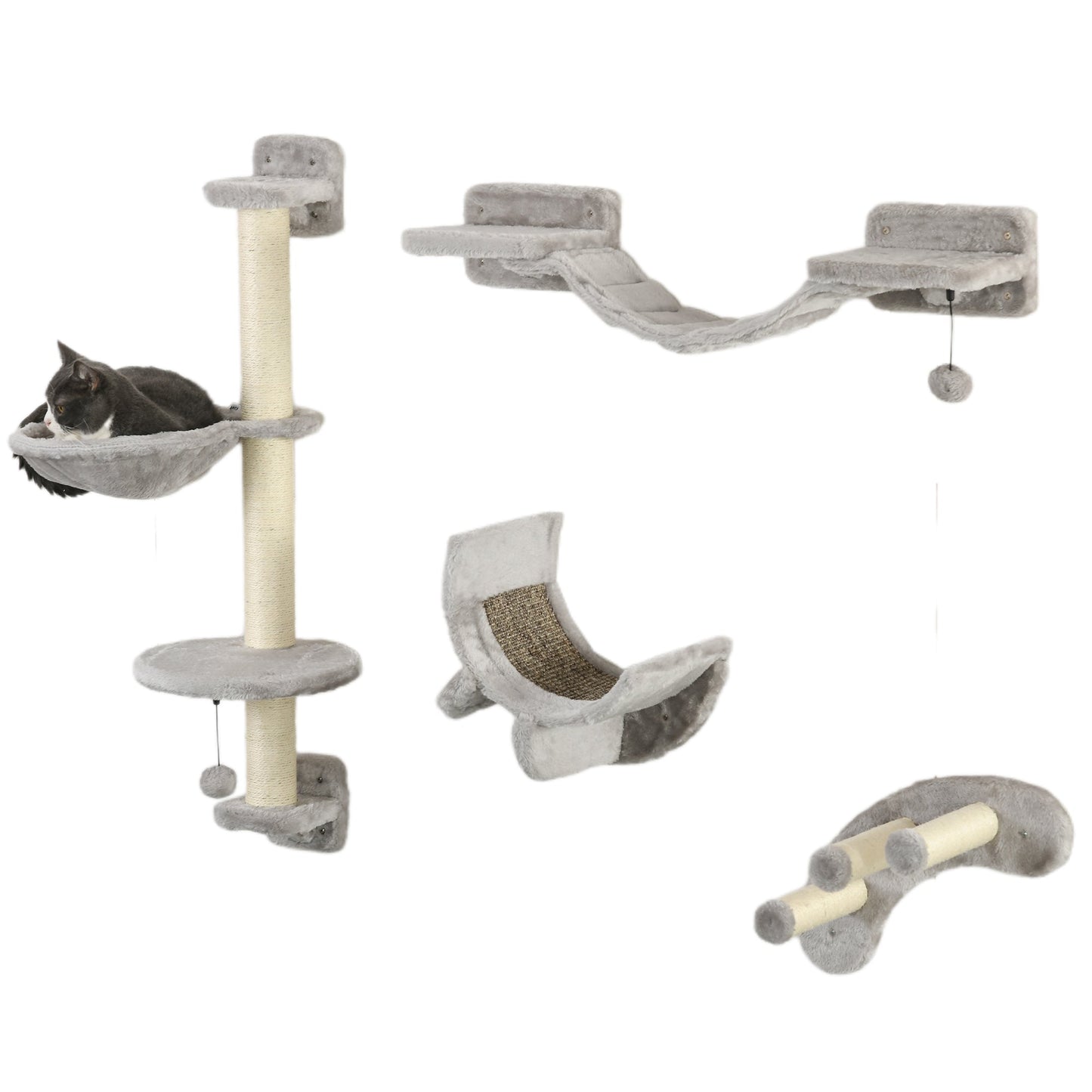 4Pcs Cat Wall Shelf with Scratching Post, Cat Wall Shelves for Relaxing, Climbing, Cat Wall With Soft Ladder, Hammock, Play Balls, Grey