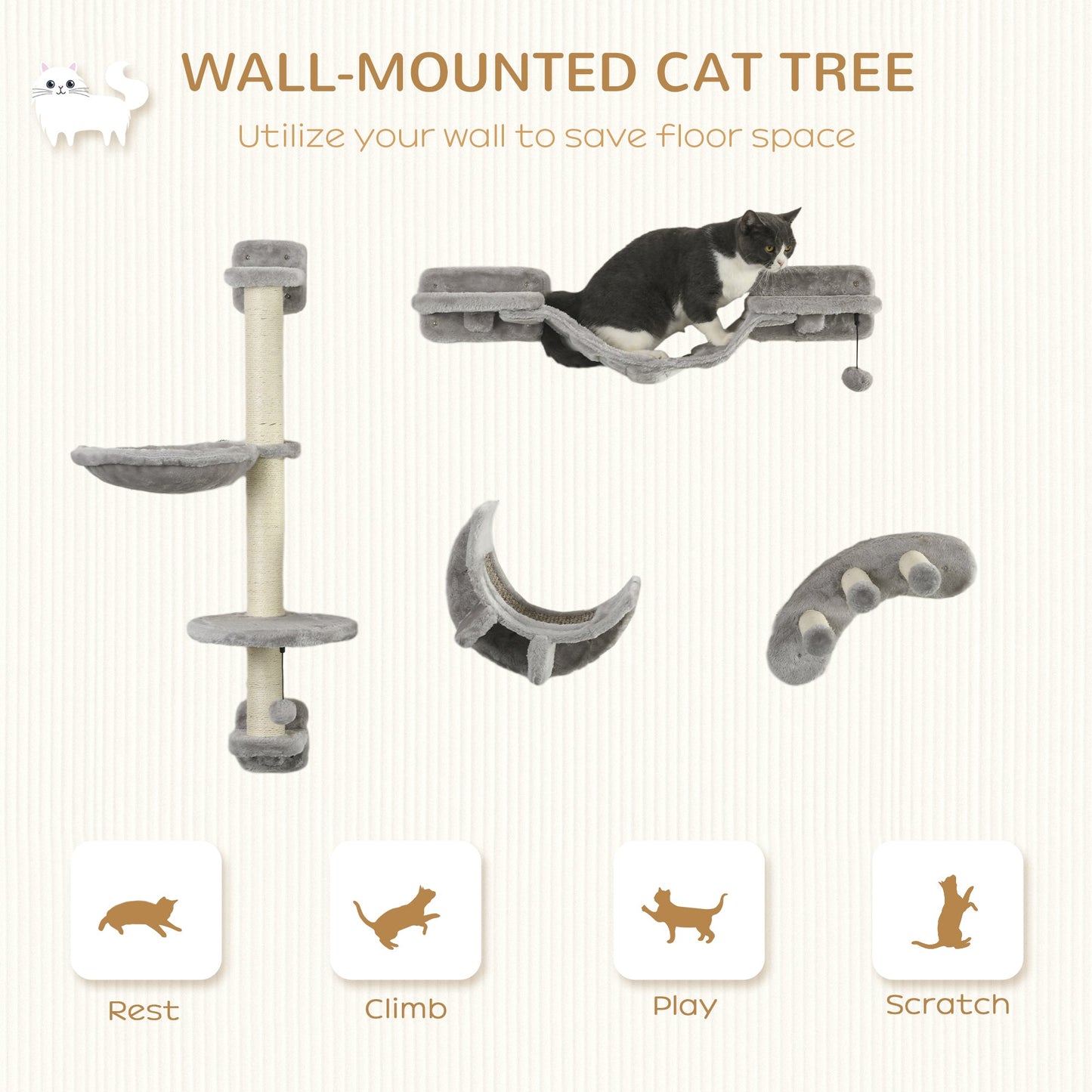 4Pcs Cat Wall Shelf with Scratching Post, Cat Wall Shelves for Relaxing, Climbing, Cat Wall With Soft Ladder, Hammock, Play Balls, Grey