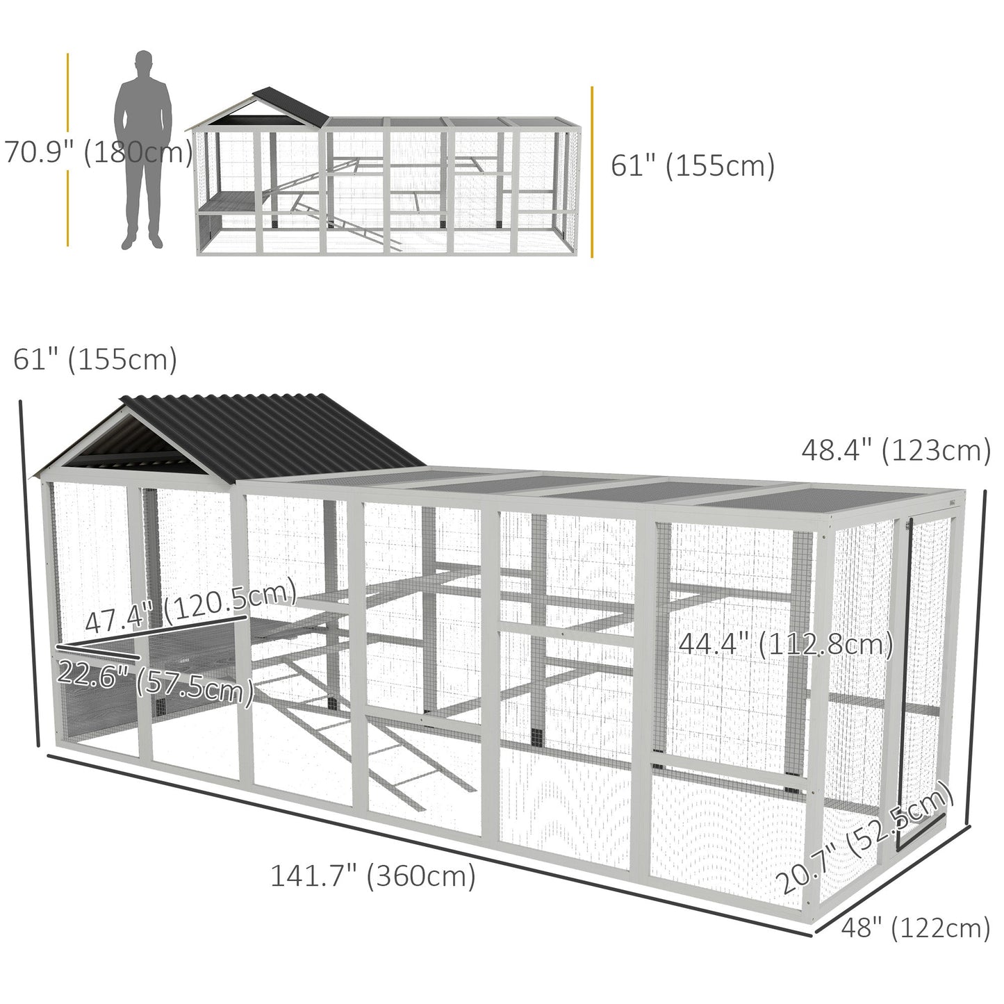 Outdoor Wooden Chicken Coop with Run, Ramps, Perches, Storage, Backyard Hen House with Combinable Design for 6 - 10 Chickens, 142" x 48" x 61", Grey