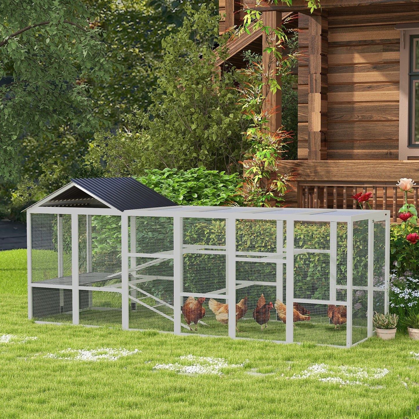Outdoor Wooden Chicken Coop with Run, Ramps, Perches, Storage, Backyard Hen House with Combinable Design for 6 - 10 Chickens, 142" x 48" x 61", Grey