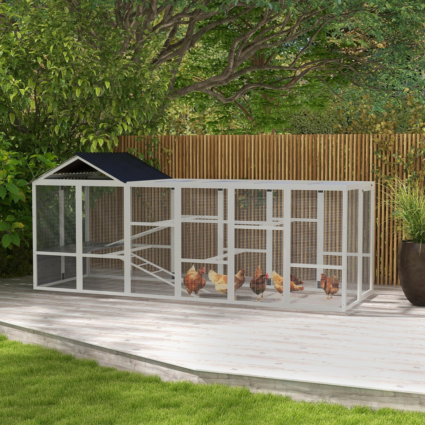 Outdoor Wooden Chicken Coop with Run, Ramps, Perches, Storage, Backyard Hen House with Combinable Design for 6 - 10 Chickens, 142" x 48" x 61", Grey