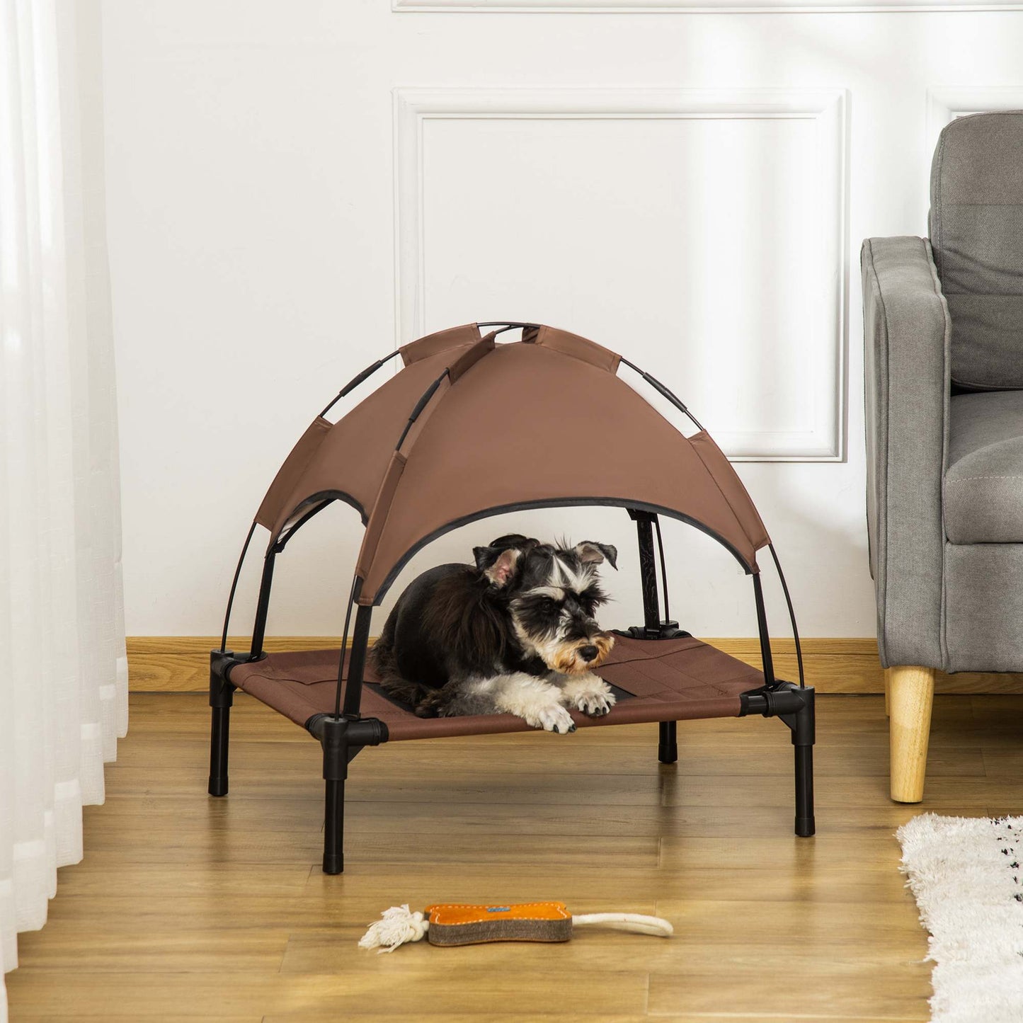 Elevated Dog Bed with Canopy, Portable Raised Dog Cot for S Sized Dogs, Indoor & Outdoor, 25" x 18" x 24", Coffee