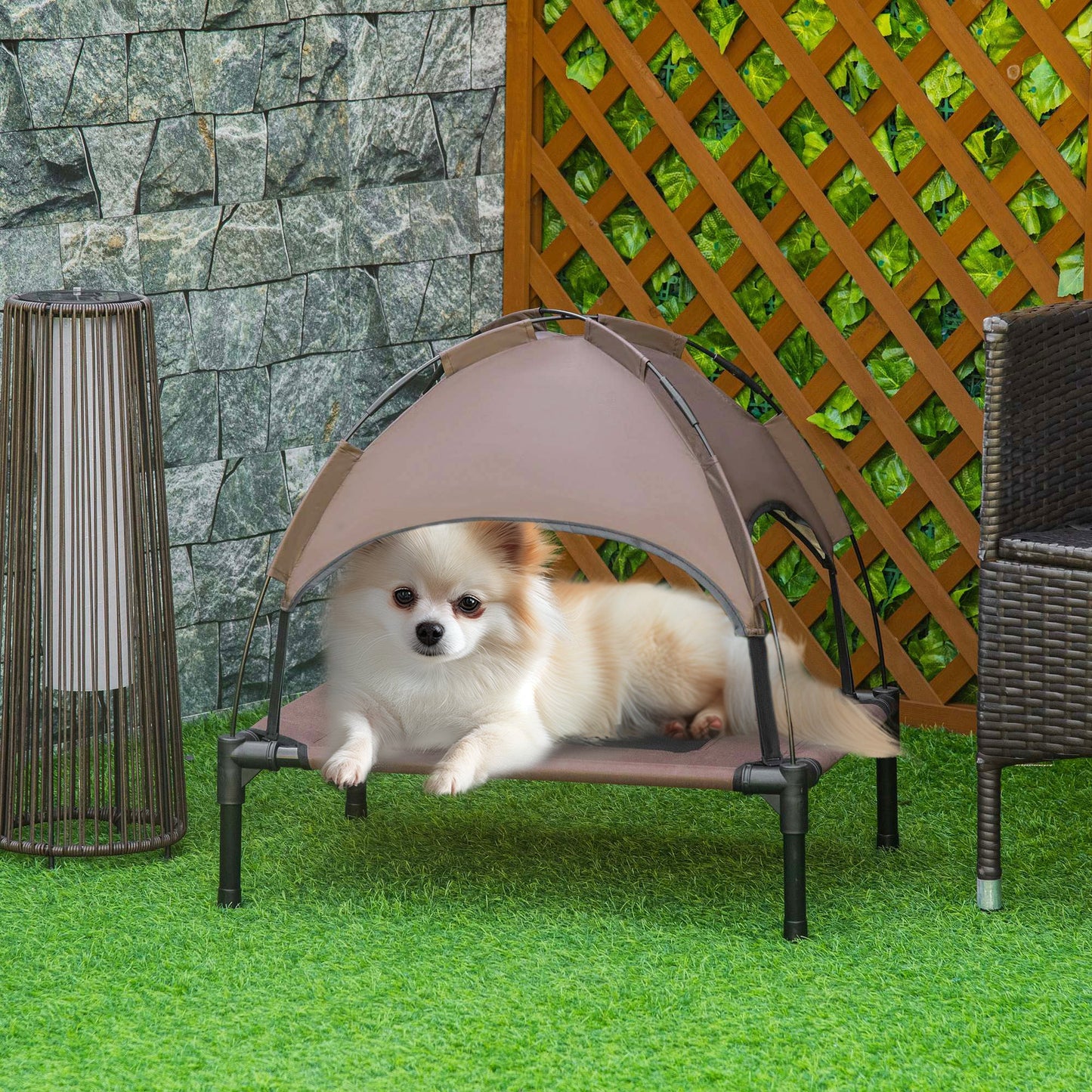 Elevated Dog Bed with Canopy, Portable Raised Dog Cot for S Sized Dogs, Indoor & Outdoor, 25" x 18" x 24", Coffee