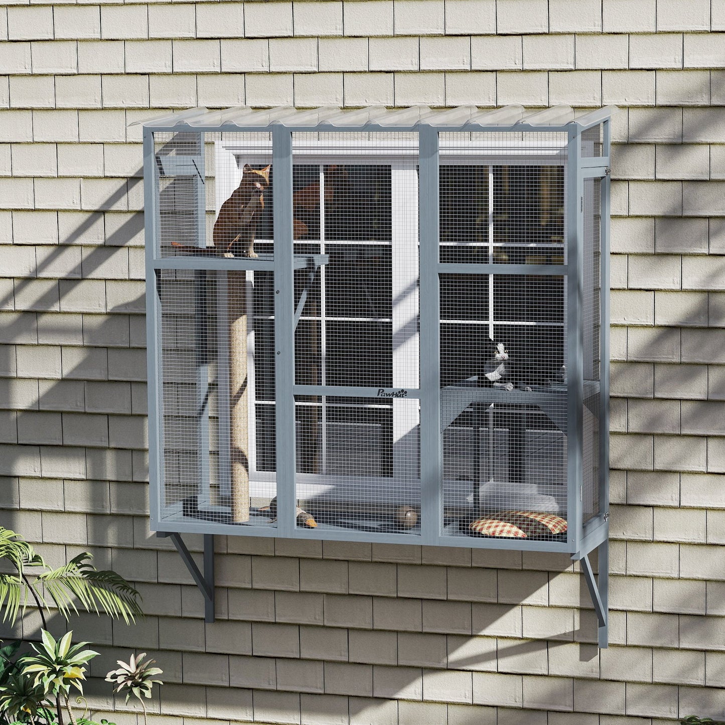 Catio Outdoor Cat Enclosure, Cat Window Box for 2-3 Cats with 2 Jumping Platforms & Scratching Post, Expendable Secure Window Perch House for Large Indoor Cats, Grey