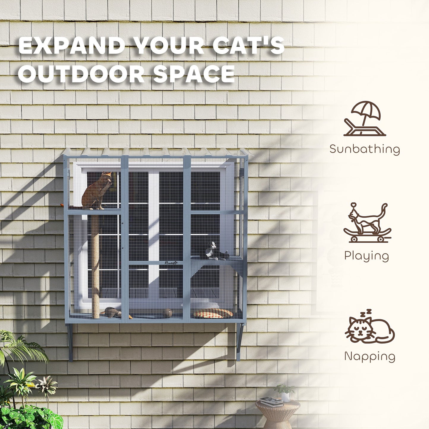 Catio Outdoor Cat Enclosure, Cat Window Box for 2-3 Cats with 2 Jumping Platforms & Scratching Post, Expendable Secure Window Perch House for Large Indoor Cats, Grey
