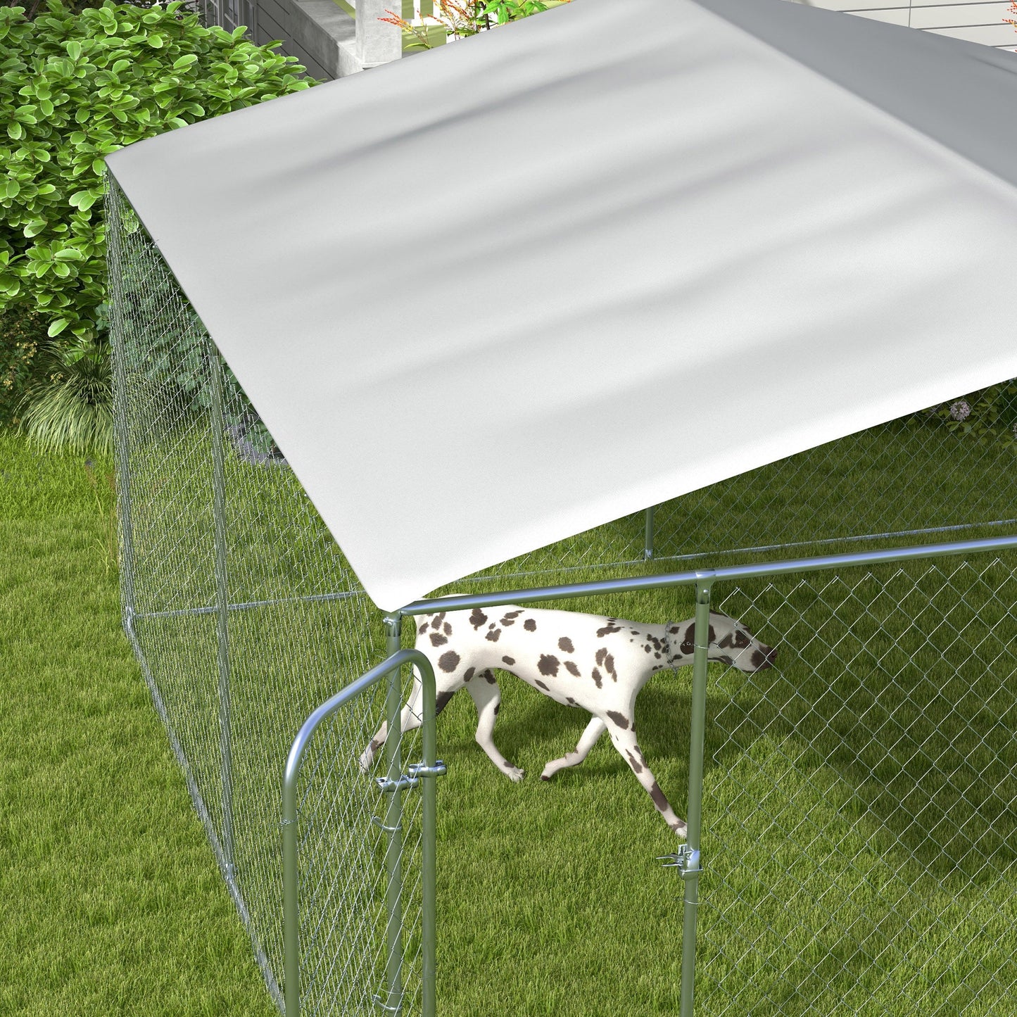 Dog Kennel Outdoor Run Fence with Roof, Steel Lock, Mesh Sidewalls for Backyard & Patio, 15.1' x 15.1' x 7.5'