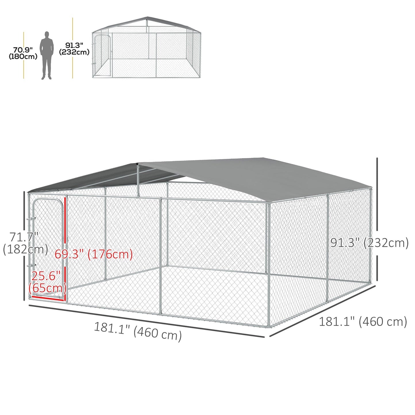 Dog Kennel Outdoor Run Fence with Roof, Steel Lock, Mesh Sidewalls for Backyard & Patio, 15.1' x 15.1' x 7.5'
