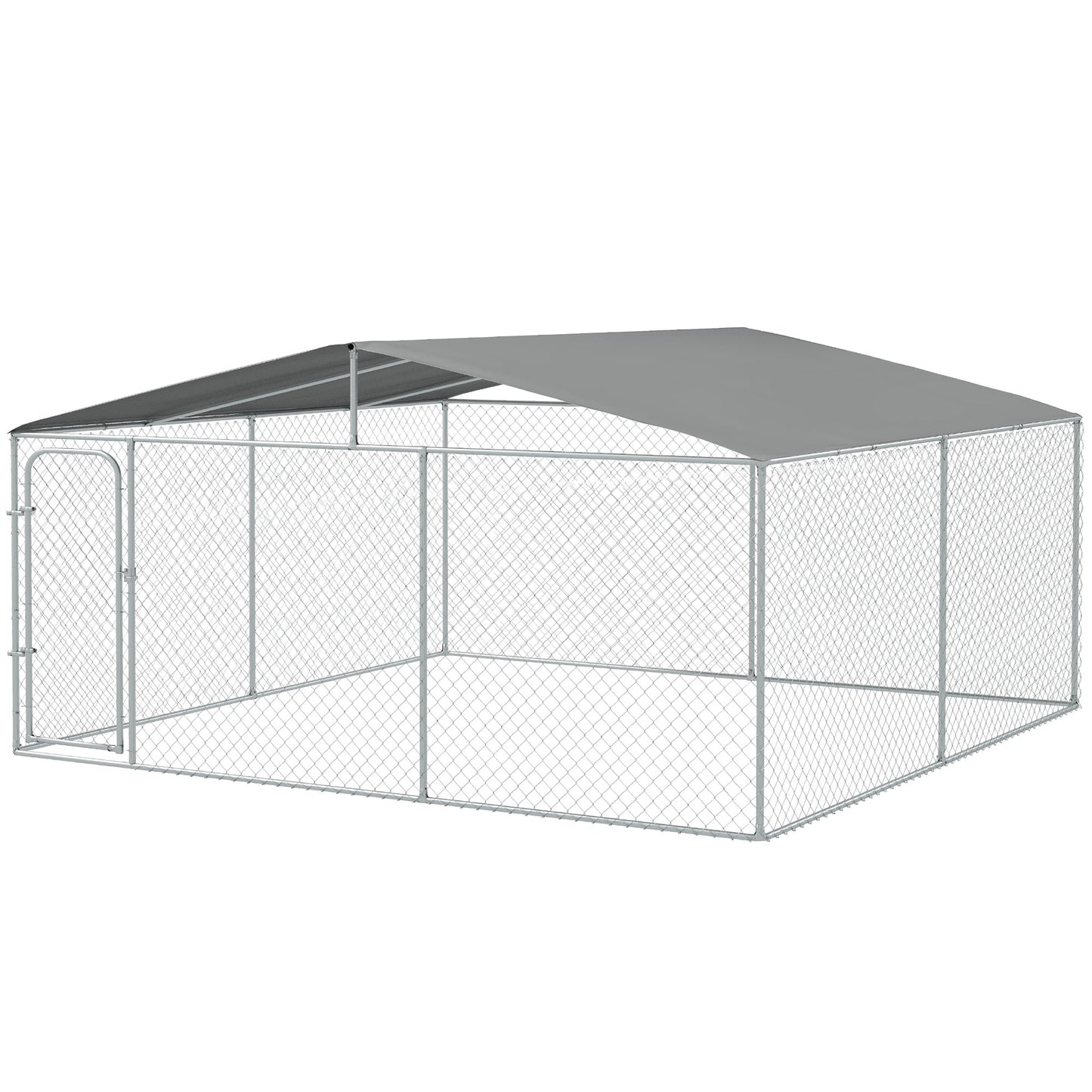Dog Kennel Outdoor Run Fence with Roof, Steel Lock, Mesh Sidewalls for Backyard & Patio, 15.1' x 15.1' x 7.5'