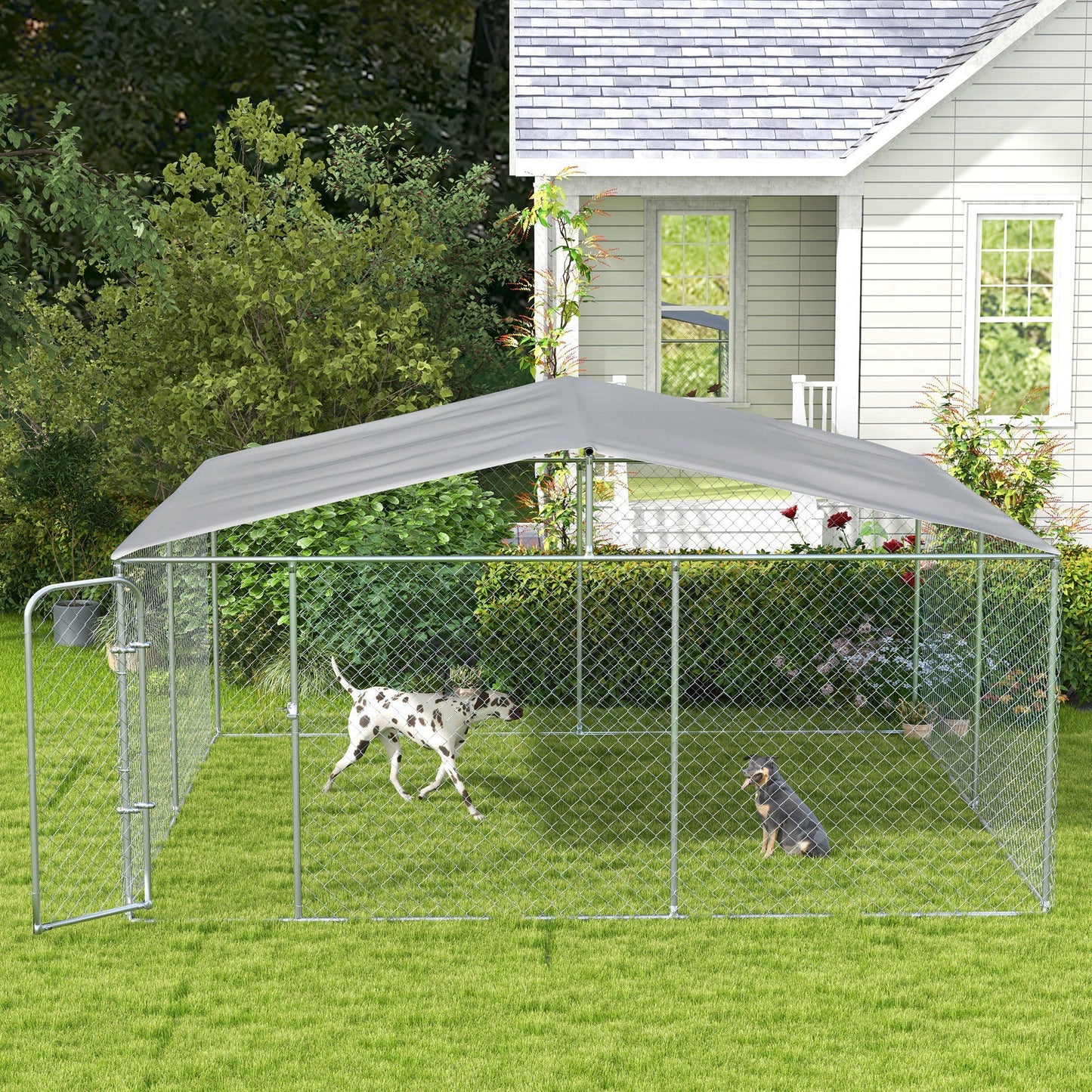 Dog Kennel Outdoor Run Fence with Roof, Steel Lock, Mesh Sidewalls for Backyard & Patio, 15.1' x 15.1' x 7.5'