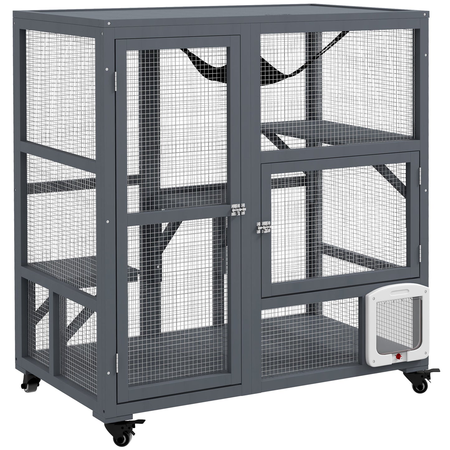 Wooden Cat House for Indoor 3 Levels Cat Condo Villa on Wheels with Flap Door Platforms Hammock Openable Top for 2 Kittens, Light Grey
