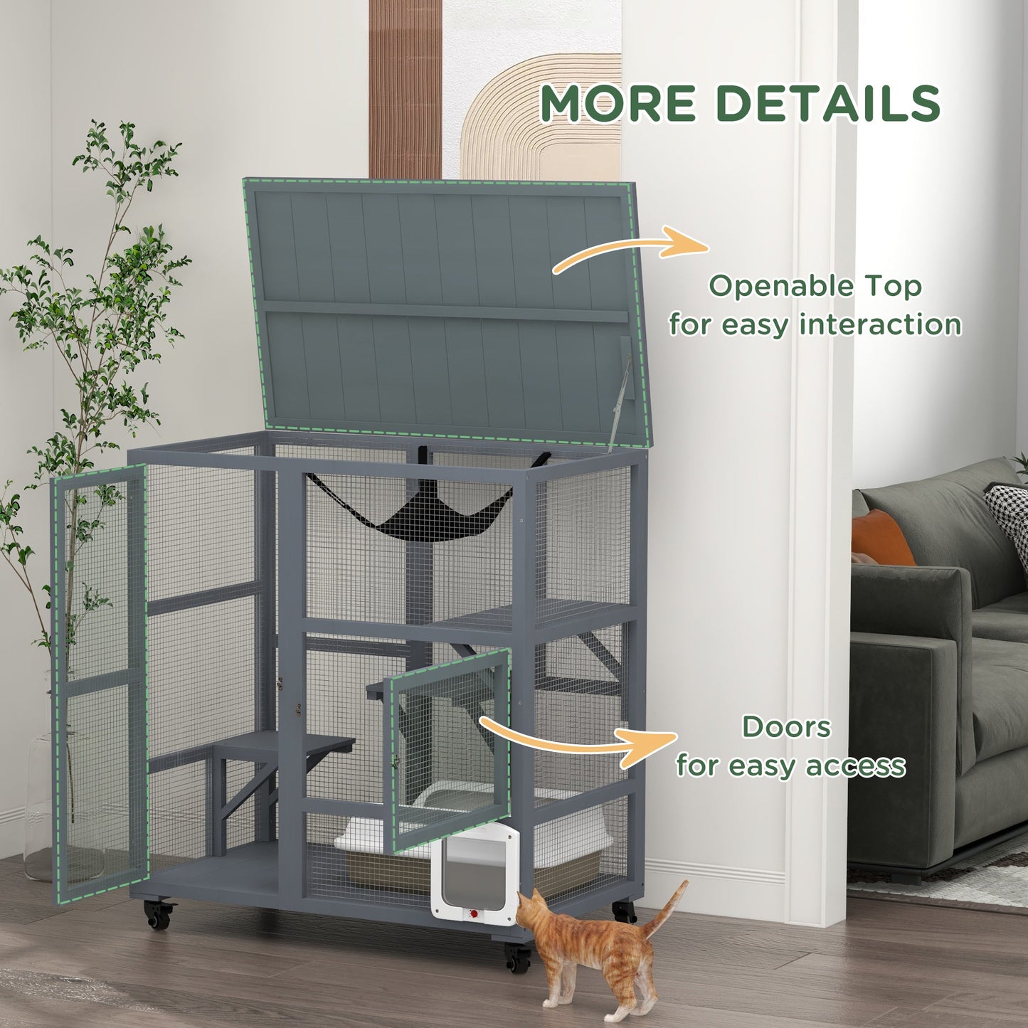 Wooden Cat House for Indoor 3 Levels Cat Condo Villa on Wheels with Flap Door Platforms Hammock Openable Top for 2 Kittens, Light Grey