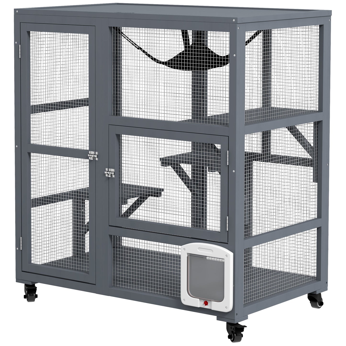 Wooden Cat House for Indoor 3 Levels Cat Condo Villa on Wheels with Flap Door Platforms Hammock Openable Top for 2 Kittens, Light Grey