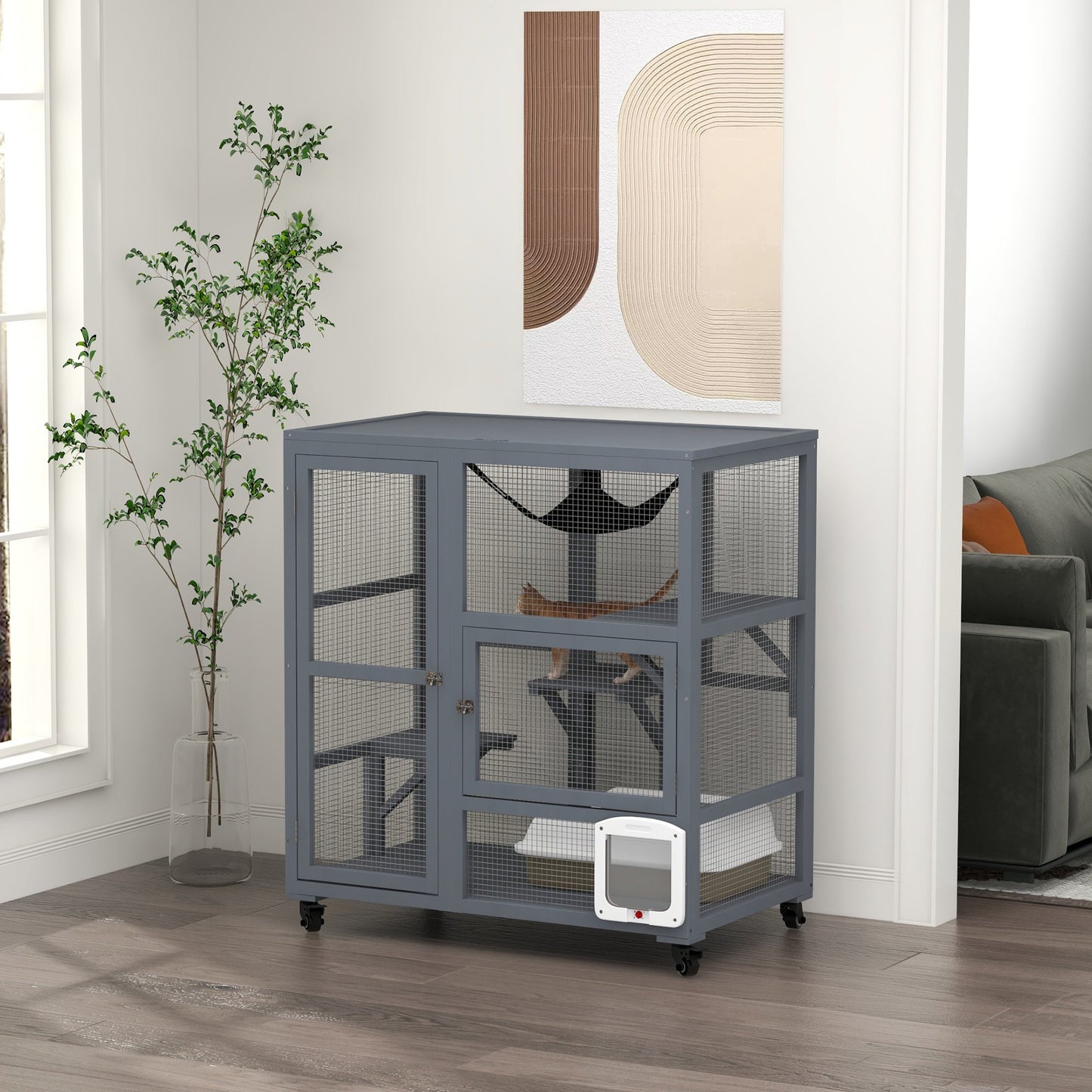 Wooden Cat House for Indoor 3 Levels Cat Condo Villa on Wheels with Flap Door Platforms Hammock Openable Top for 2 Kittens, Light Grey