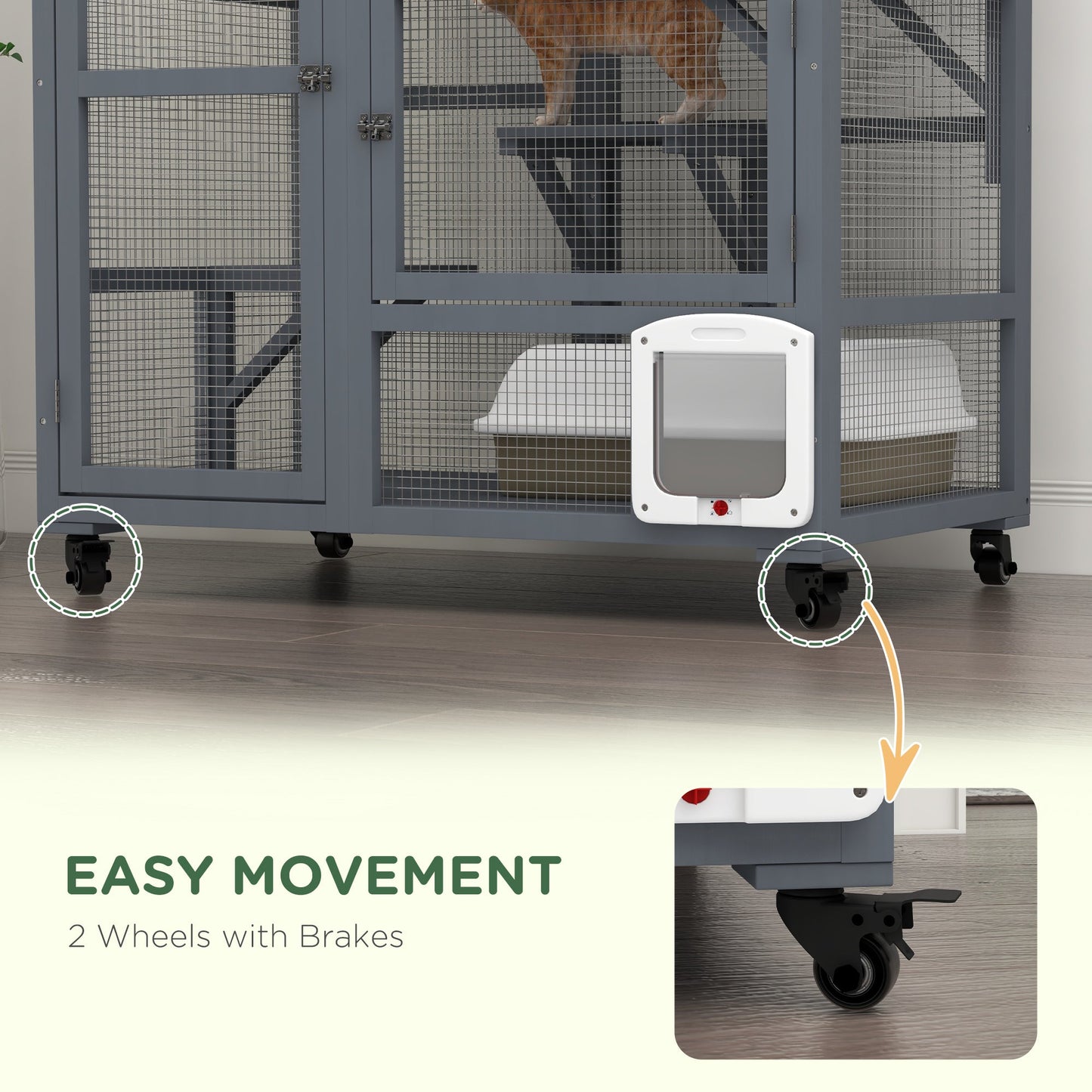 Wooden Cat House for Indoor 3 Levels Cat Condo Villa on Wheels with Flap Door Platforms Hammock Openable Top for 2 Kittens, Light Grey