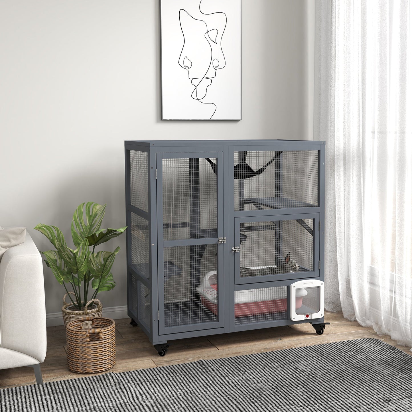 Wooden Cat House for Indoor 3 Levels Cat Condo Villa on Wheels with Flap Door Platforms Hammock Openable Top for 2 Kittens, Light Grey