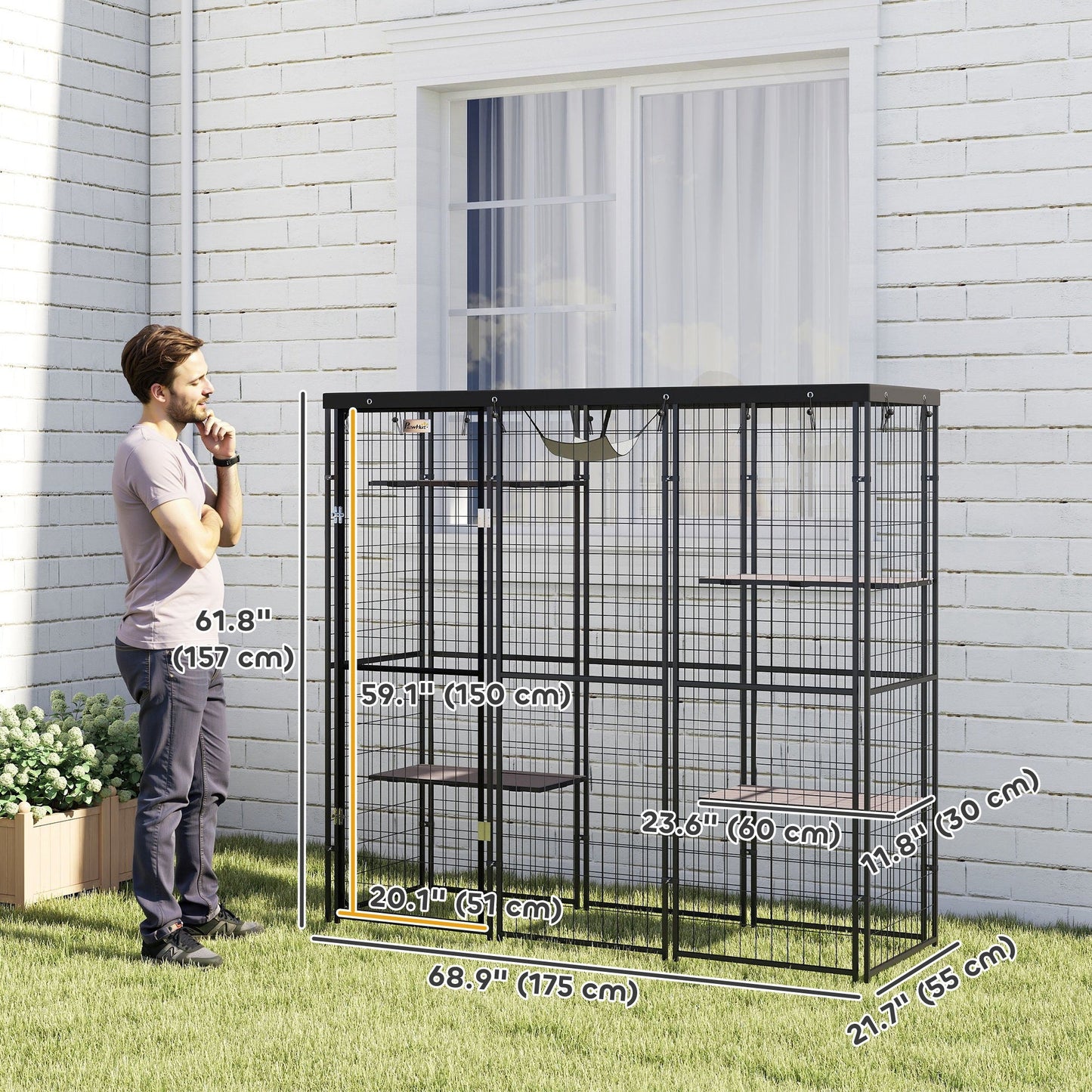 Catio Outdoor Cat Enclosure, Weld Wire Outdoor Cat House with Waterproof Cover, 4 Jumping Platforms, Hammock, Cat Cage Indoor for 1-3 Kittens, 69" x 22" x 62", Black