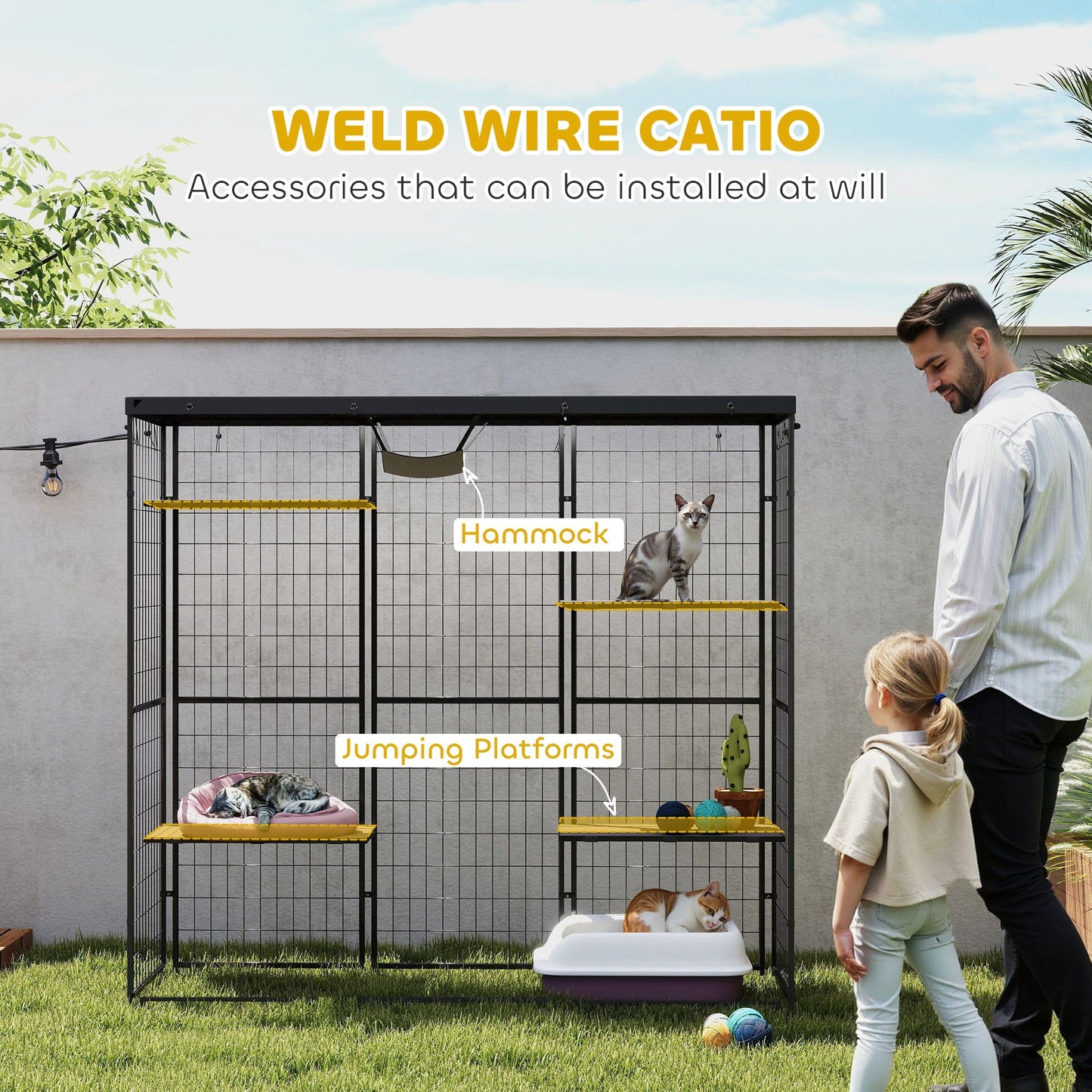 Catio Outdoor Cat Enclosure, Weld Wire Outdoor Cat House with Waterproof Cover, 4 Jumping Platforms, Hammock, Cat Cage Indoor for 1-3 Kittens, 69" x 22" x 62", Black