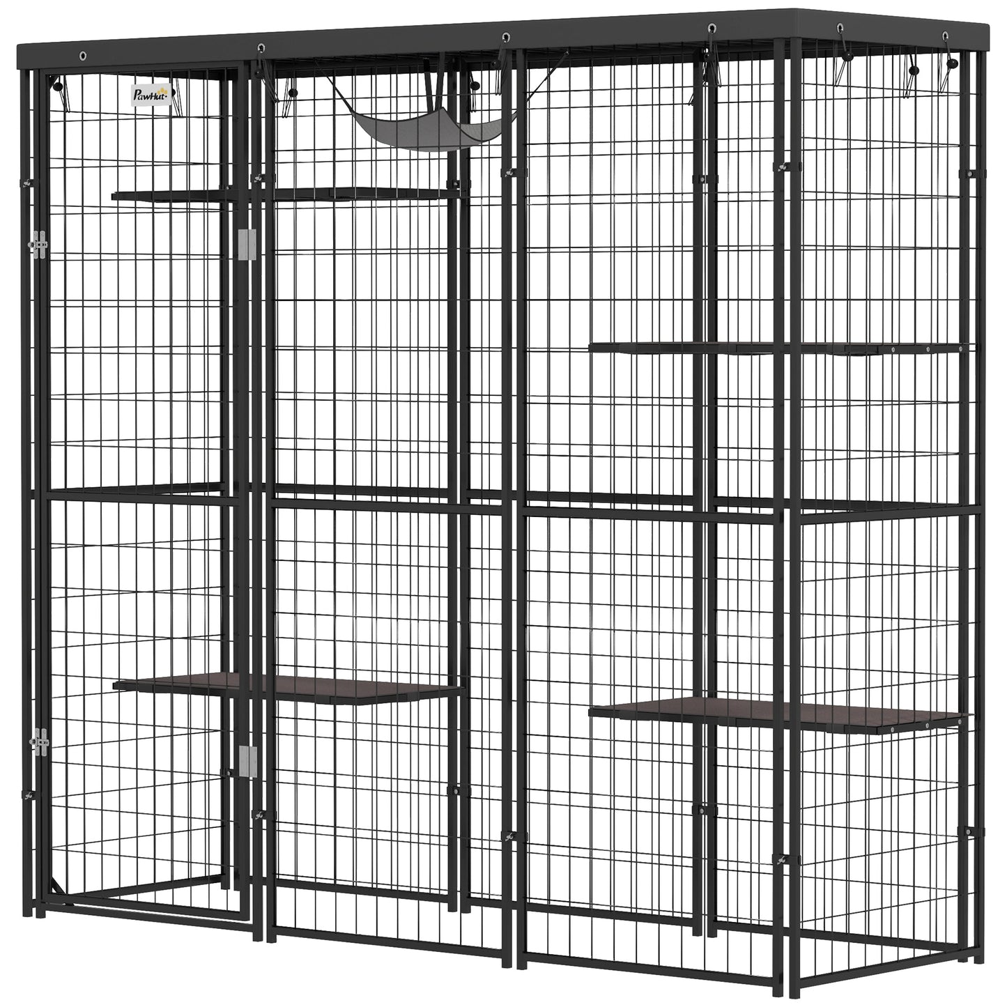 Catio Outdoor Cat Enclosure, Weld Wire Outdoor Cat House with Waterproof Cover, 4 Jumping Platforms, Hammock, Cat Cage Indoor for 1-3 Kittens, 69" x 22" x 62", Black