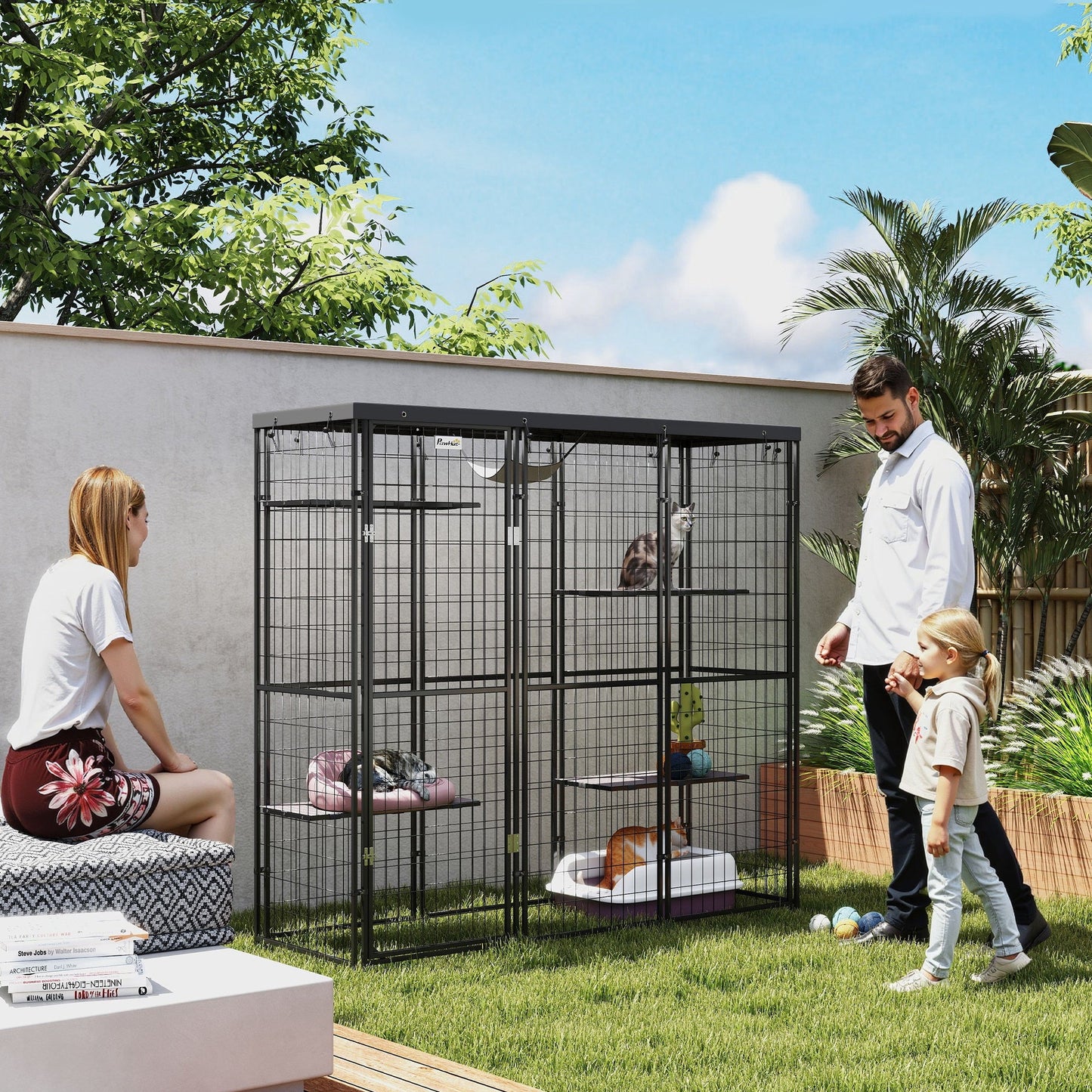 Catio Outdoor Cat Enclosure, Weld Wire Outdoor Cat House with Waterproof Cover, 4 Jumping Platforms, Hammock, Cat Cage Indoor for 1-3 Kittens, 69" x 22" x 62", Black