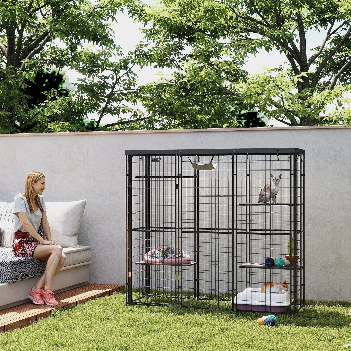 Catio Outdoor Cat Enclosure, Weld Wire Outdoor Cat House with Waterproof Cover, 4 Jumping Platforms, Hammock, Cat Cage Indoor for 1-3 Kittens, 69" x 22" x 62", Black