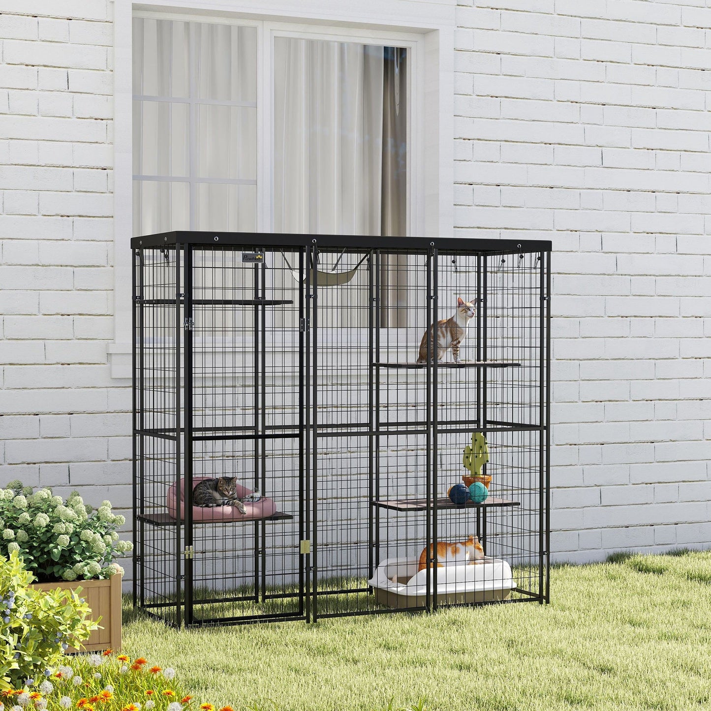 Catio Outdoor Cat Enclosure, Weld Wire Outdoor Cat House with Waterproof Cover, 4 Jumping Platforms, Hammock, Cat Cage Indoor for 1-3 Kittens, 69" x 22" x 62", Black